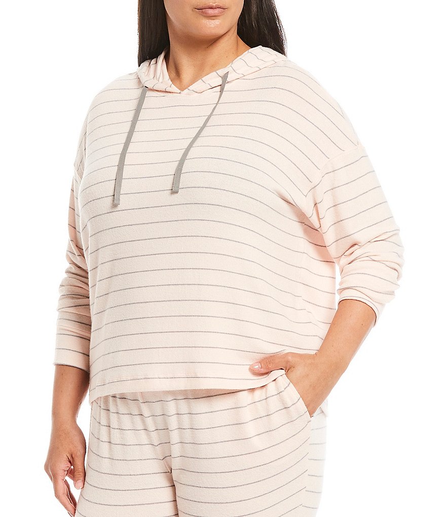 Jasmine & Ginger Plus Striped Print Brushed Knit Hooded Lounge Top