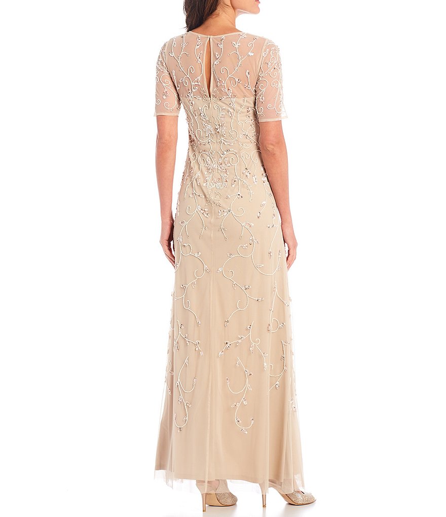 Adrianna Papell Beaded Illusion Jewel Neck Elbow Sleeve Gown