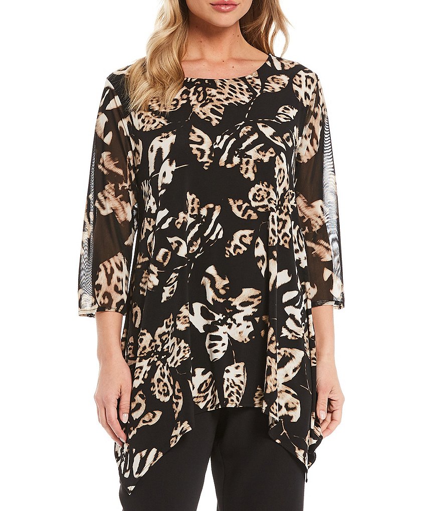 Caroline Rose 3/4 Mesh Sleeve Animal Floral Motif Tunic