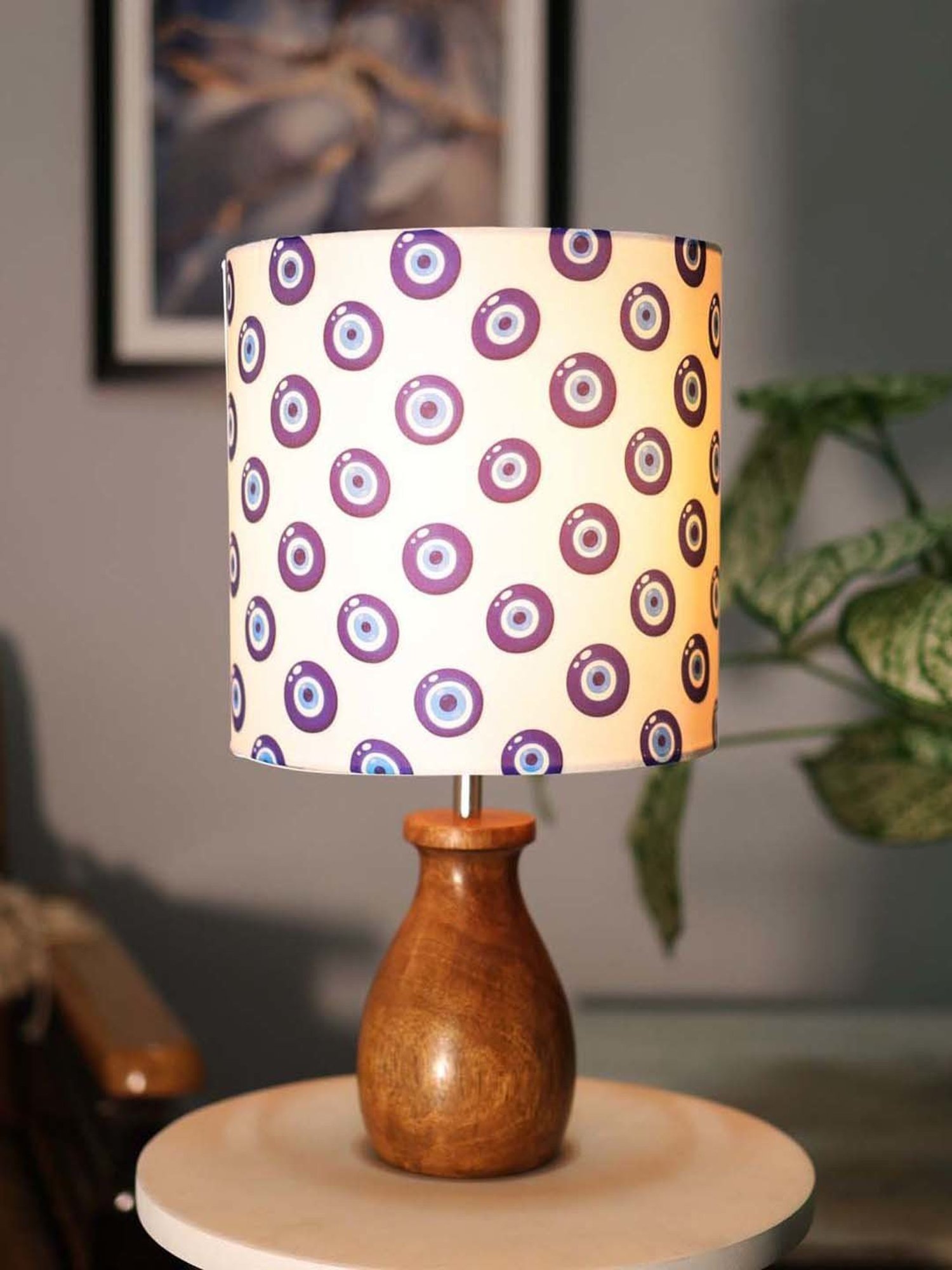 Homesake Turkish Evil Eye Multicolor Wood Dovel Pot Table Lamp with Fabric Lampshade