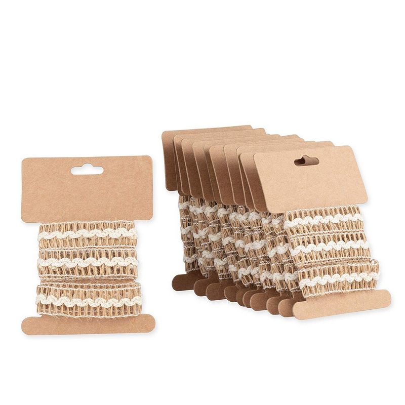 Genie Crafts 12-Pack Brown Burlap Jute Fabric Ribbon Trim Roll with White Trim 0.7" x 1.09-Yard for Crafts