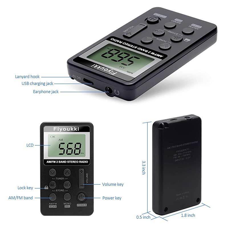 Pocket Small Radio by  Personal Mini AM FM Portable Digital Tuning Transistor Radios with Best Reception Earphones Lanyard and Rechargeable Battery for Walking Jogging Exercising Black