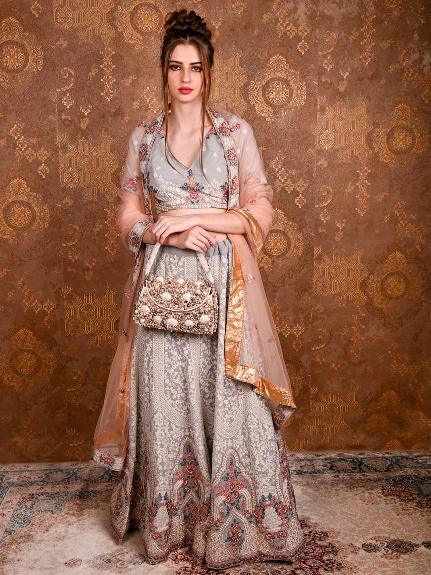 Odette Brown Embellished Handbag