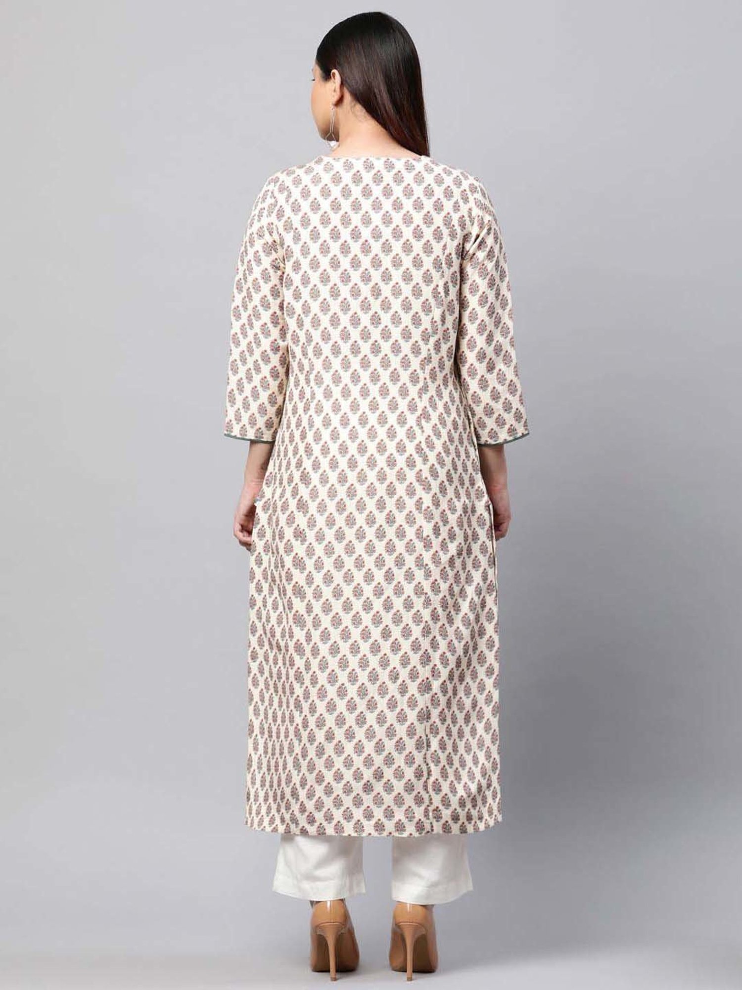 Linen Club Woman Beige Linen Floral Print Straight Kurta