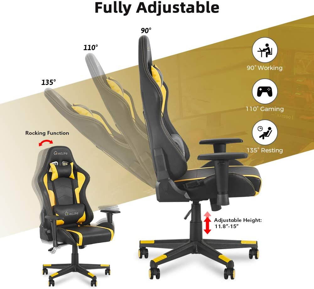 Eclife High Back Computer Game Chair with Adjustable Massage Lumbar Support and Headrest Racing Style Swivel Executive Office Desk Gaming Chair