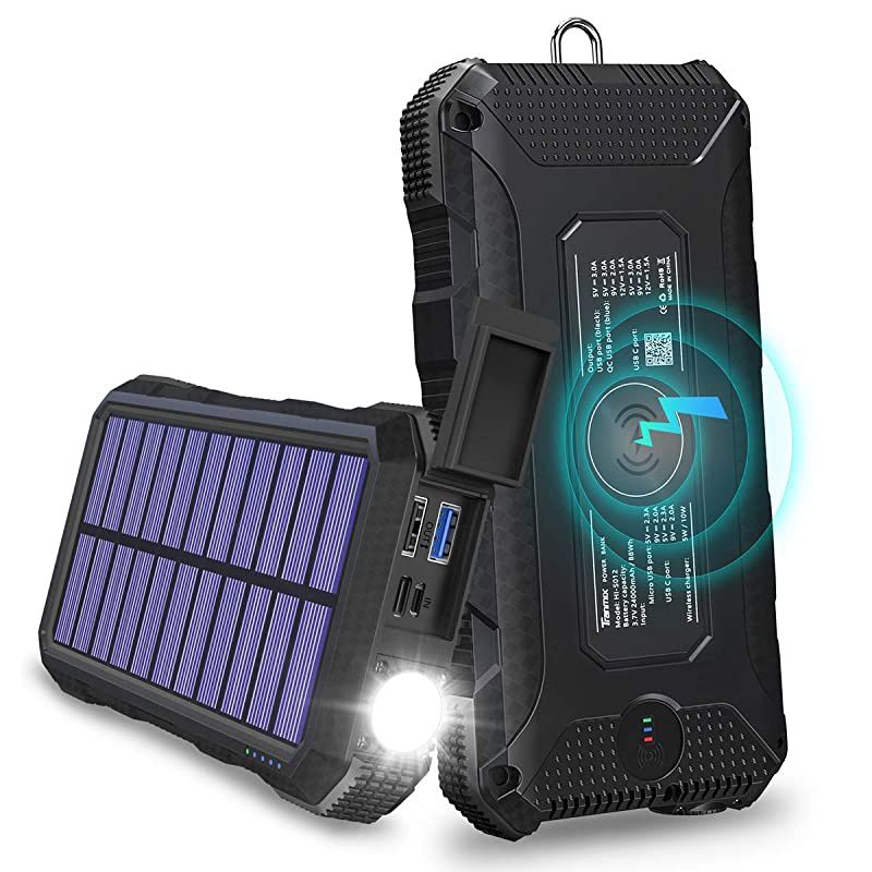 Solar Charger 24000mAh  18W USB C Power Bank, QC 3.0 Portable Wireless Charger with 4 Outputs Solar Phone Charger for Smartphone, Tablet and Laptop
