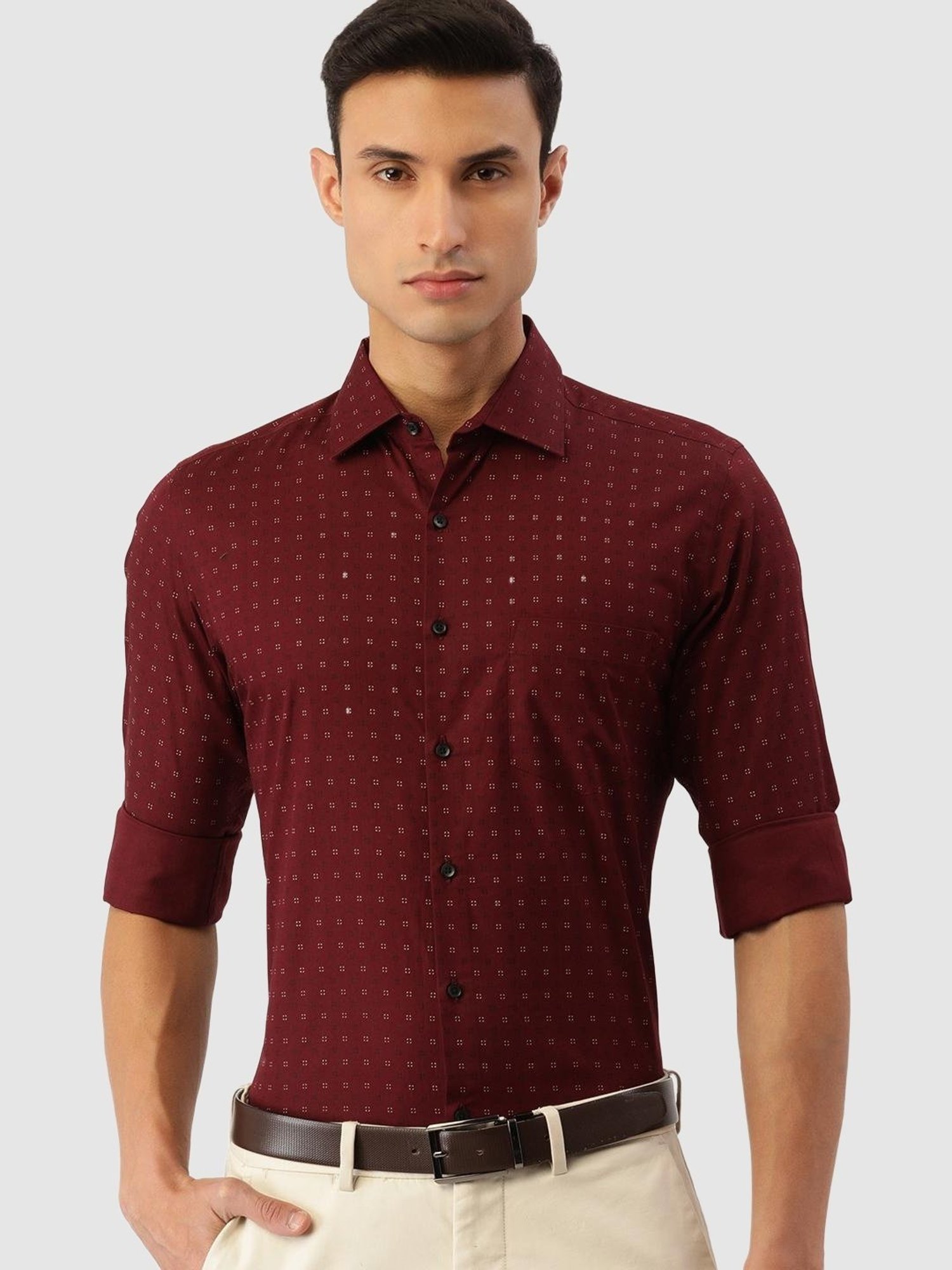 IVOC Maroon Slim Fit Printed Cotton Shirt