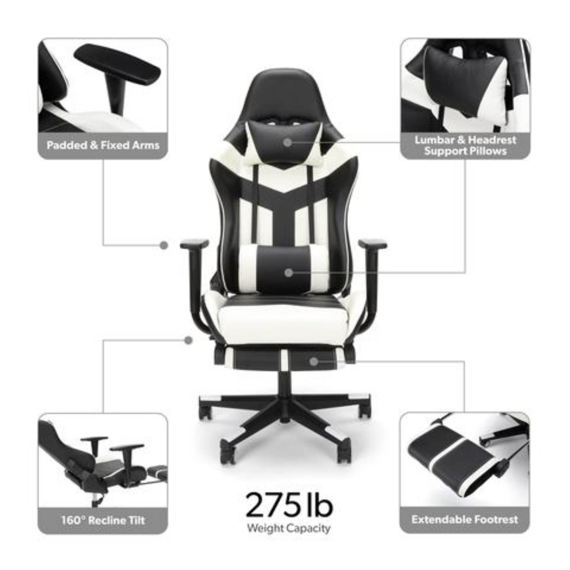Essentials Collection High Back PU Leather Gaming Chair, with Extendable Footrest, in White (ESS-6075FR-WHT)