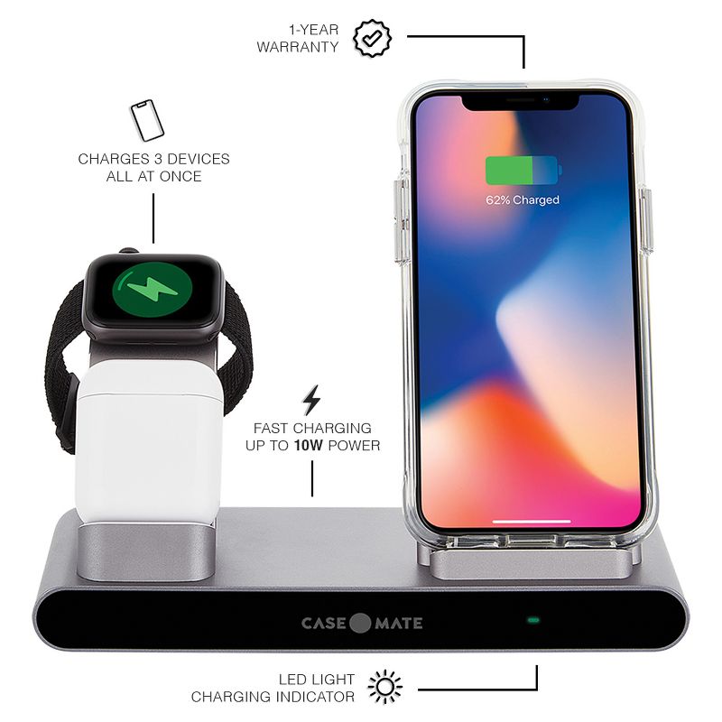 Case-Mate Power Pad Pro 3-in-1 Wireless Charger, Qi Certified - Black
