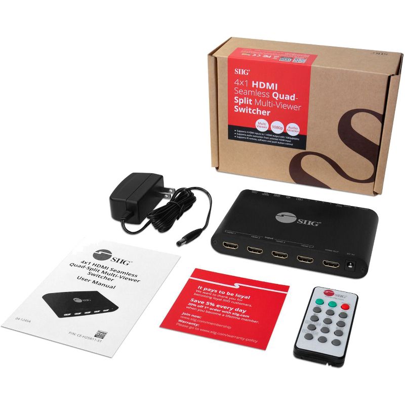 SIIG 4x1 HDMI Seamless Quad-Split Multi-Viewer Switcher - 1920 x 1080 - Full HD - 4 x 1 - 1 x HDMI Out - TAA Compliant