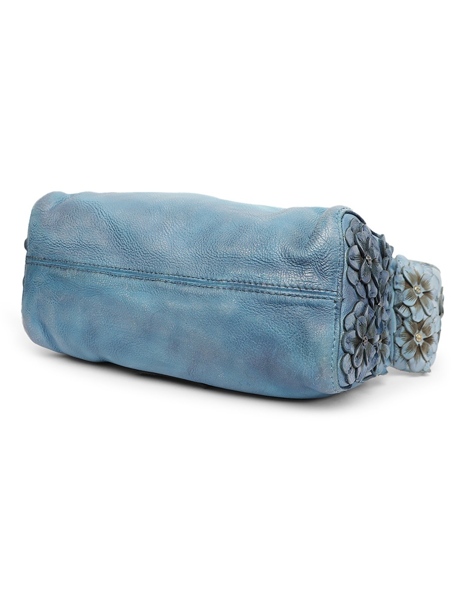 Art N Vintage Azure Aster Blue Leather Floral Medium Hobo Handbag