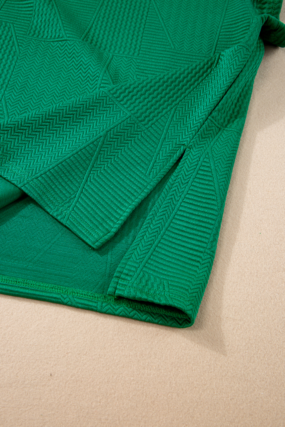 Dark Green Textured Ruffle Split Top and Drawstring Shorts Set