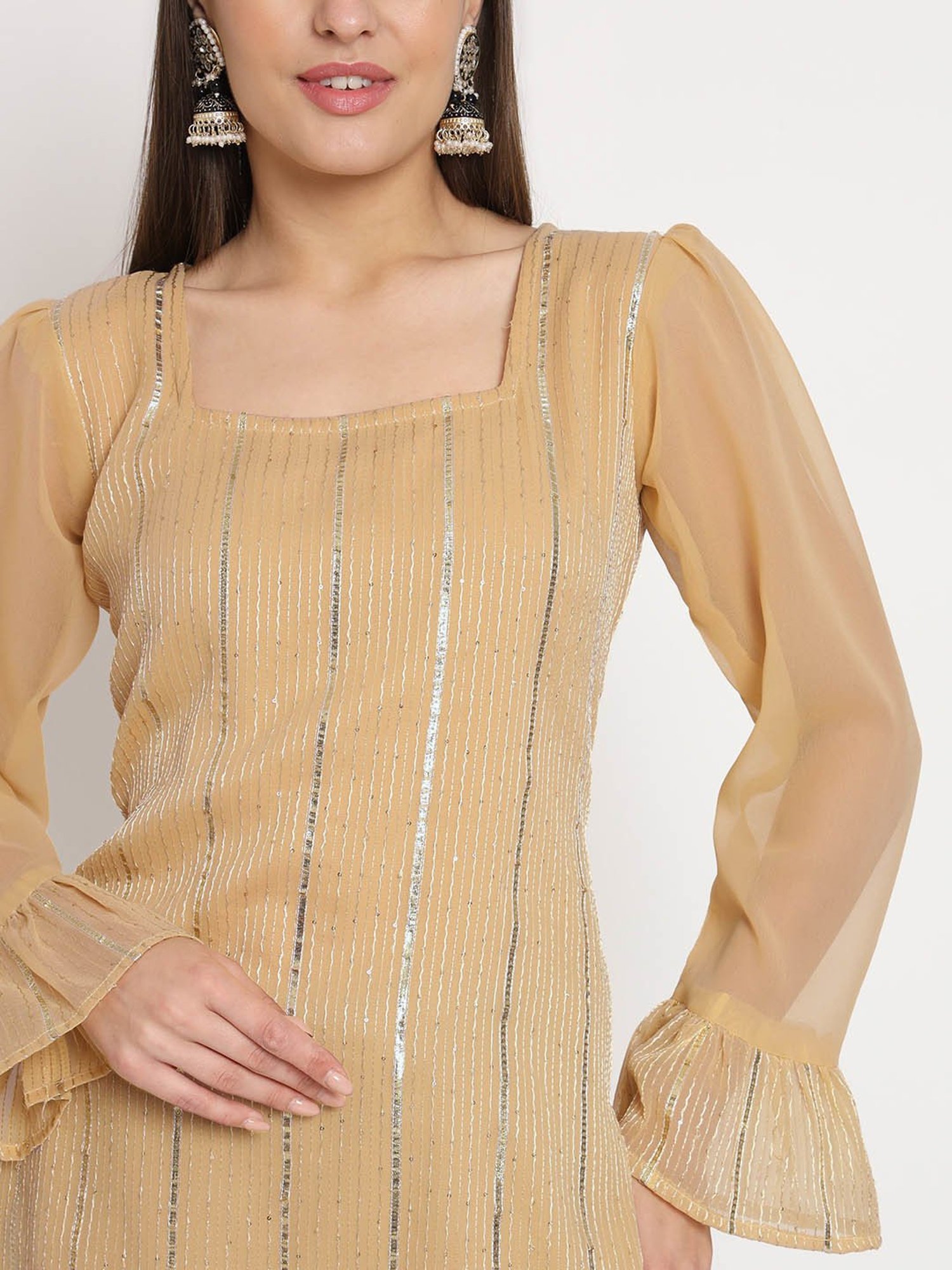 studiorasa Beige Georgette Lace Straight Kurti