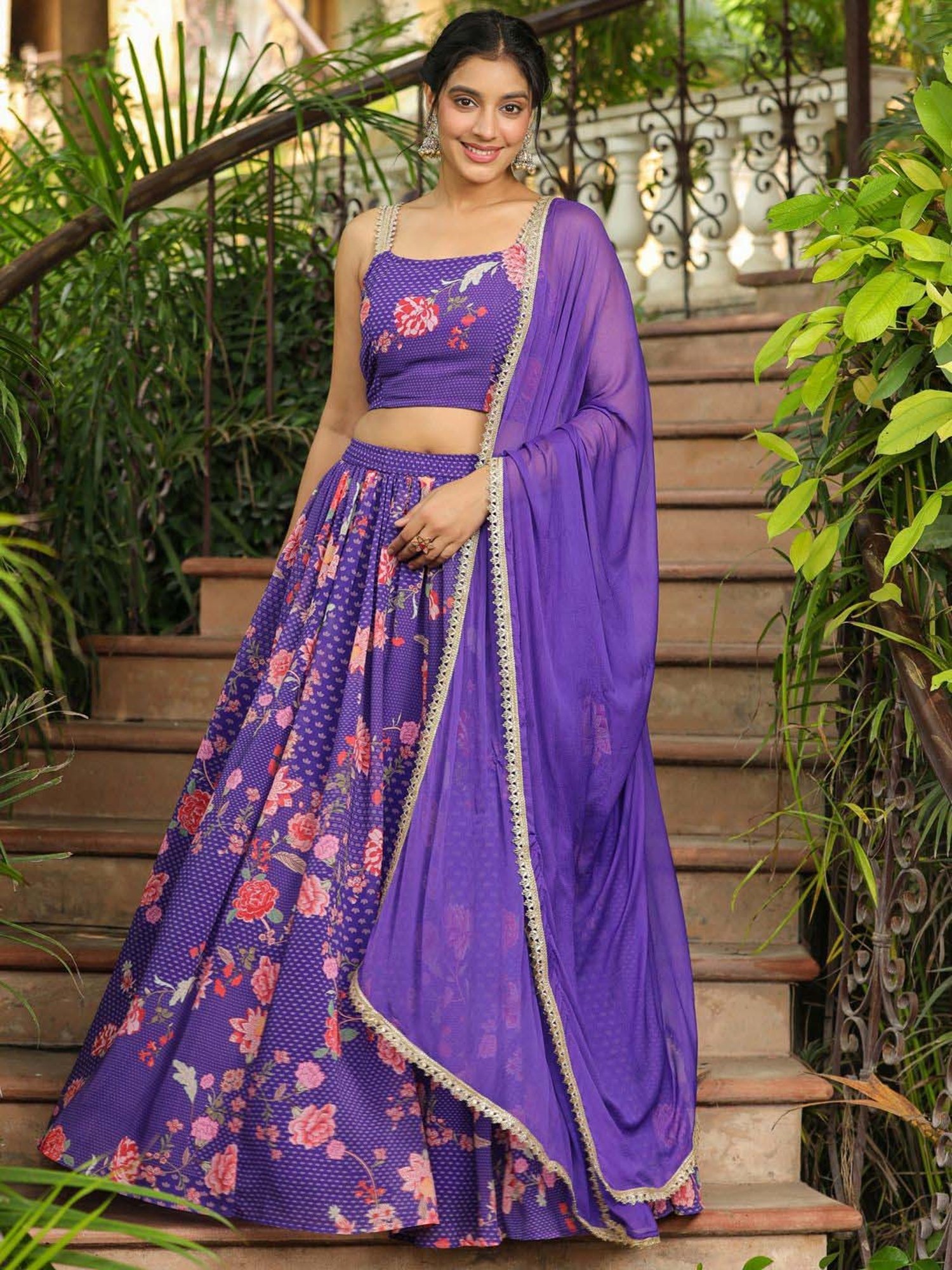 Janasya Purple Printed Lehenga Choli Set With Dupatta