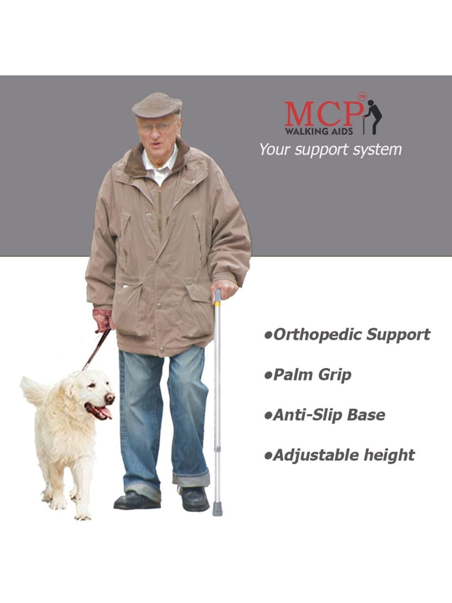 MCP Jindal Height Adjustable Walking Stick (Silver)