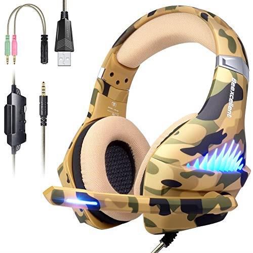 gaming headset for ps4, xbox one, pc, nintendo switch, laptop cellphone stereo surround gaming headphones with microphone, noise cancelling, led lights, volume control 3.5 mm jack  camo
