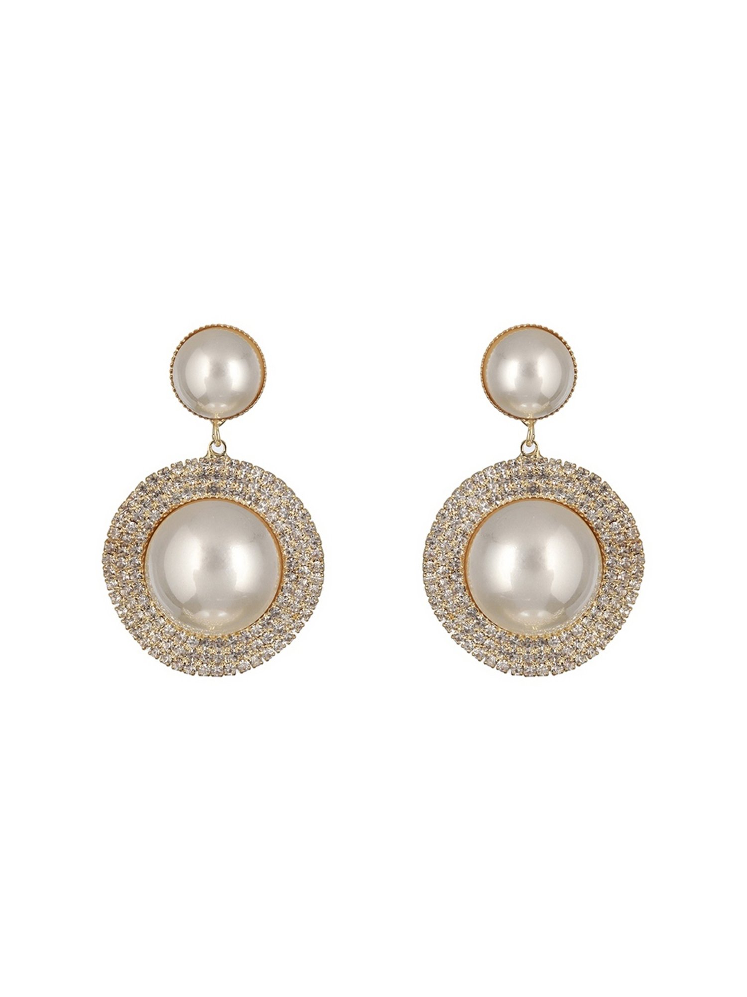 Prita by Priyaasi Dual-Pearl American Diamond Gold-Plated Drop Earrings