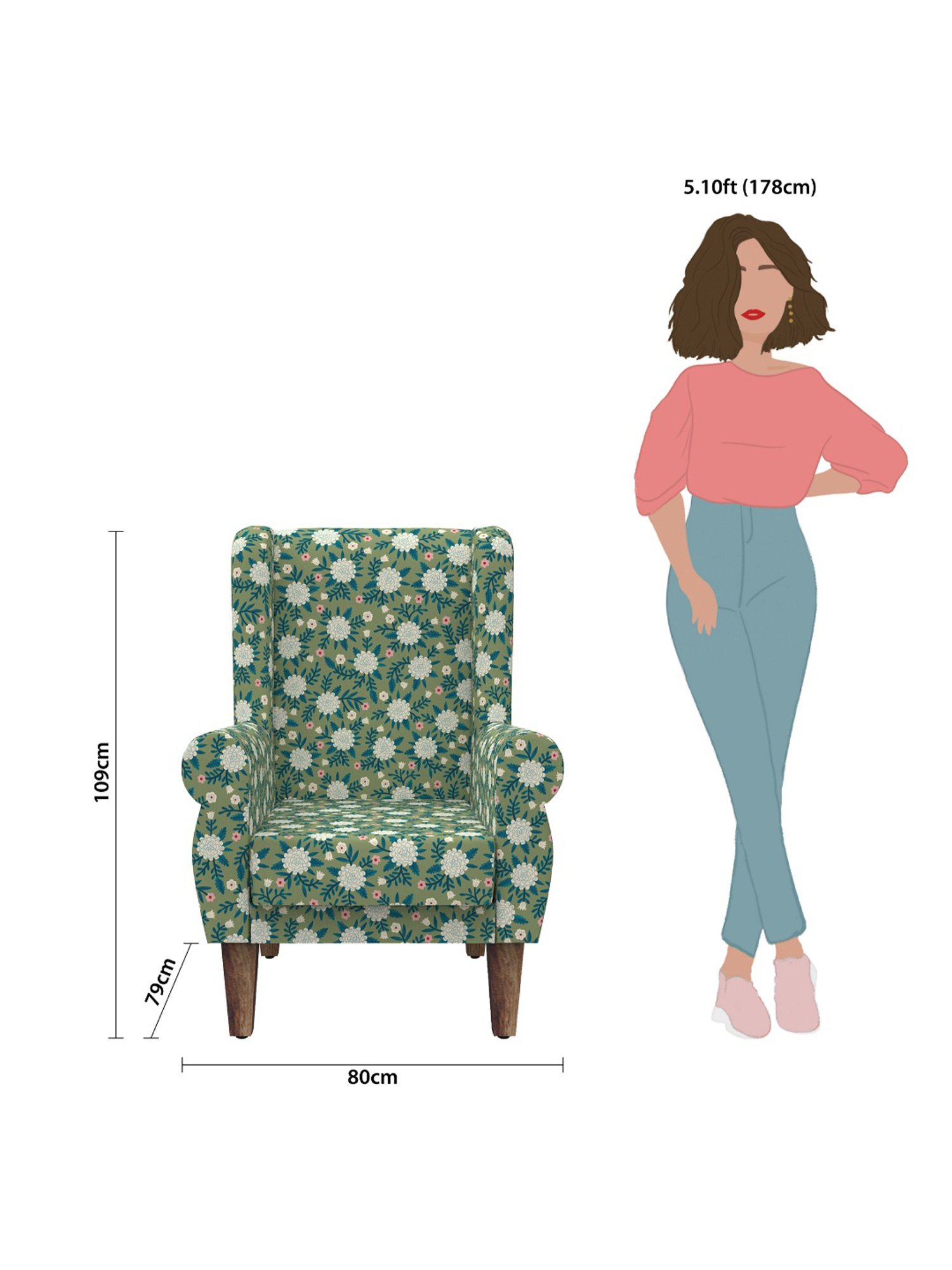 Chumbak Spring Marigold Floral Green Sheesham Wood Begum Wing Chair