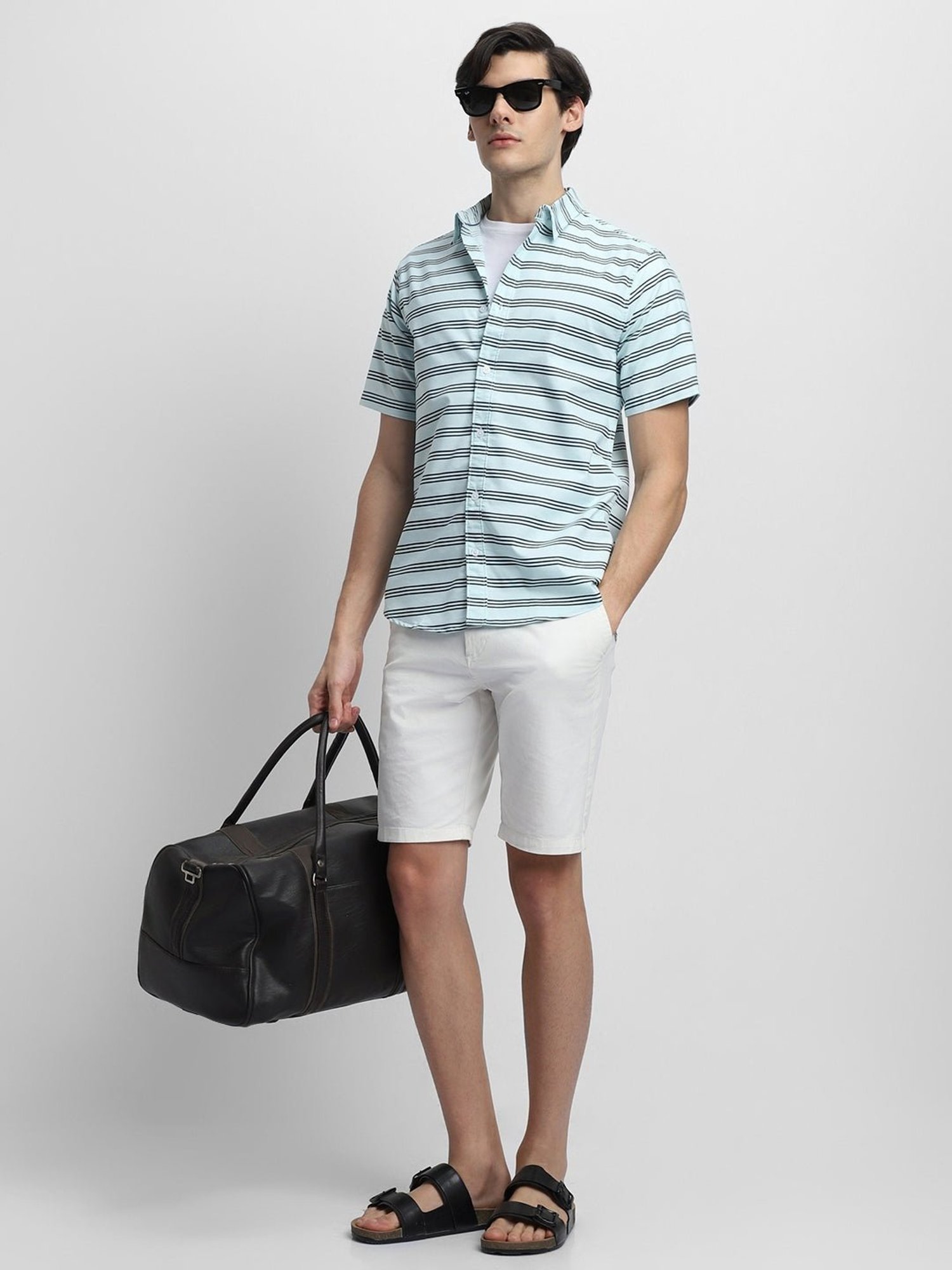 Dennis Lingo Green Cotton Slim Fit Striped Shirt