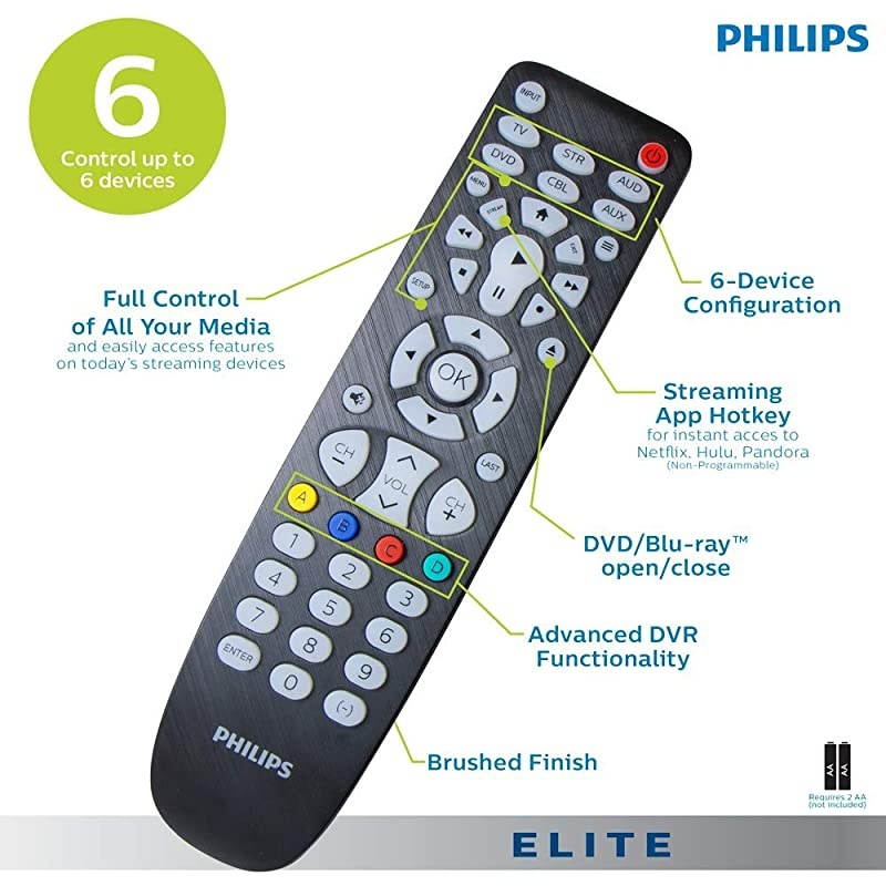 Backlit Universal Remote Control For Samsung, Vizio, LG, Sony, Sharp, Roku, Apple TV, RCA, Panasonic, Smart TVs, Streaming Players, Blu-ray, DVD, 6-Device, Black, SRP9368D/27