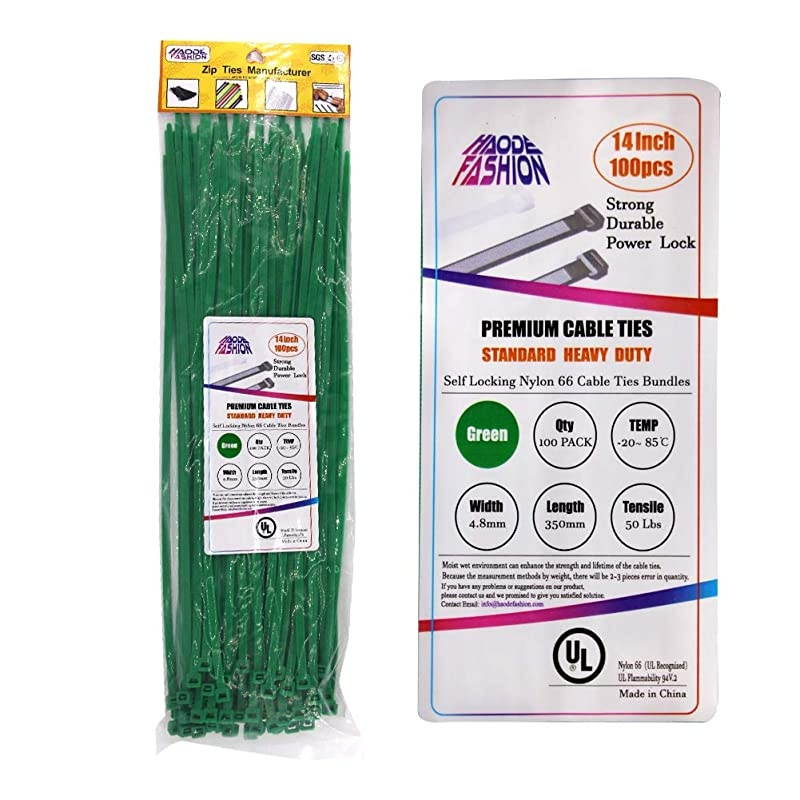 14 Inch Tree Grass Green Color Cable Ties 100 Pack, Upgrade Industrial UV Resistant Durable Life Zip Ties, Heavy Duty Cable Management for Large Objects Gardening Fence (14 inch, 50LB, Green)