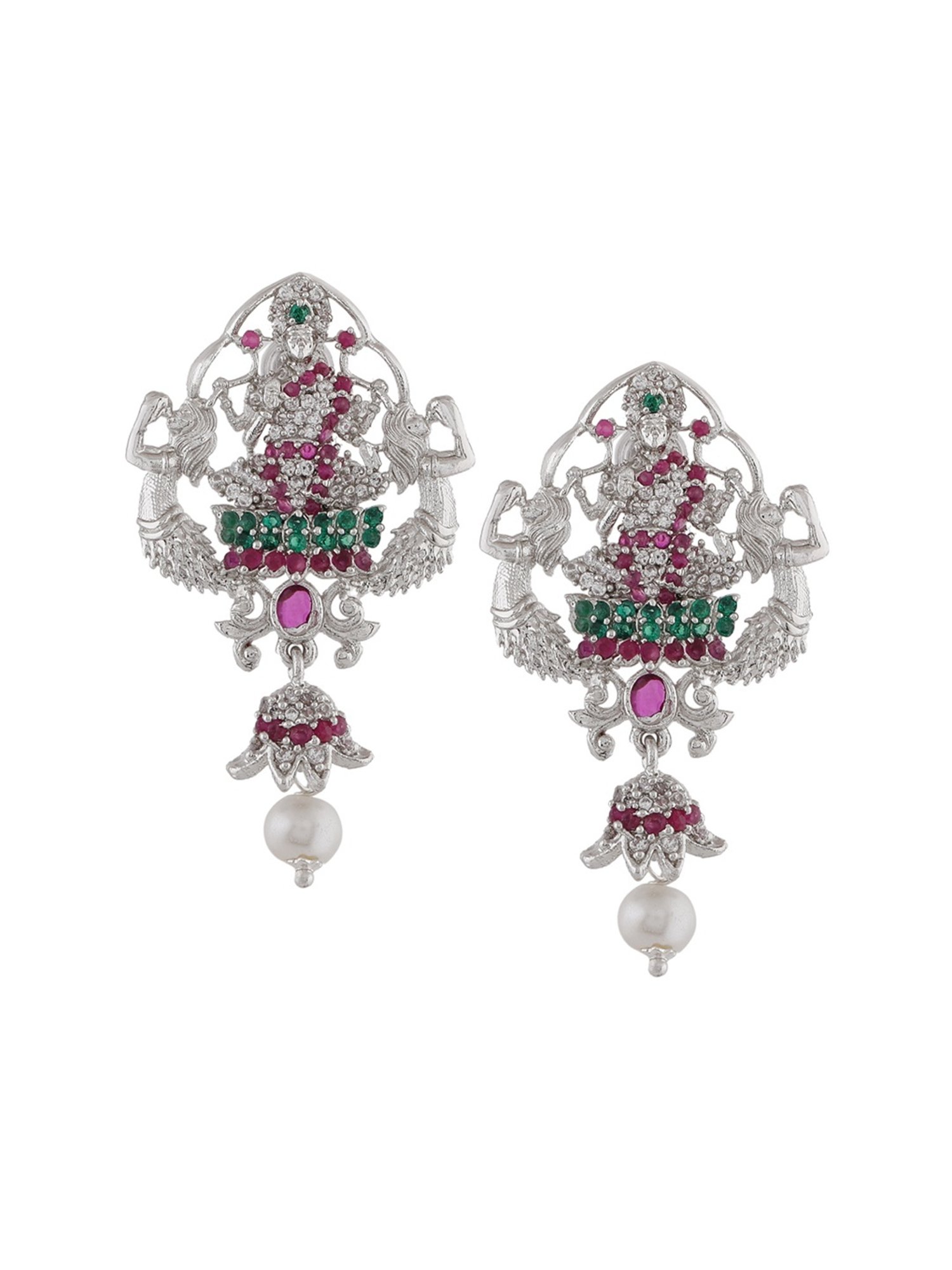 Estele Rhodium-Plated CZ Traditional Lakshmi Devi Design Dangler Earrings