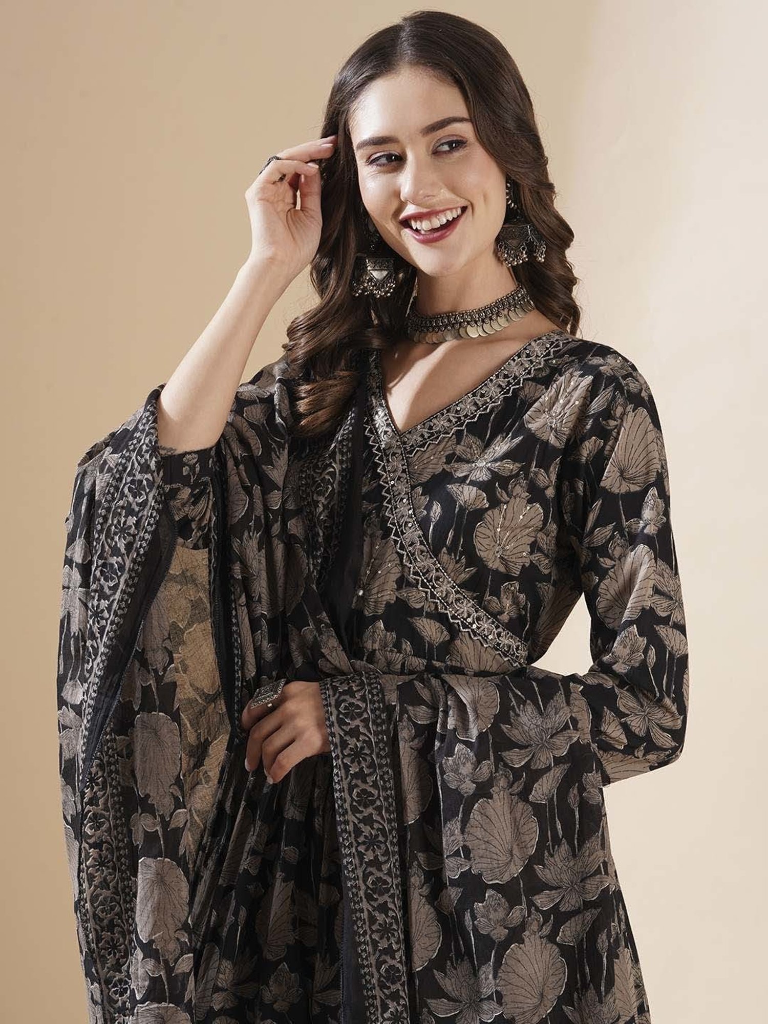 Fashor Black Cotton Floral Print Kurta Pant Set With Dupatta