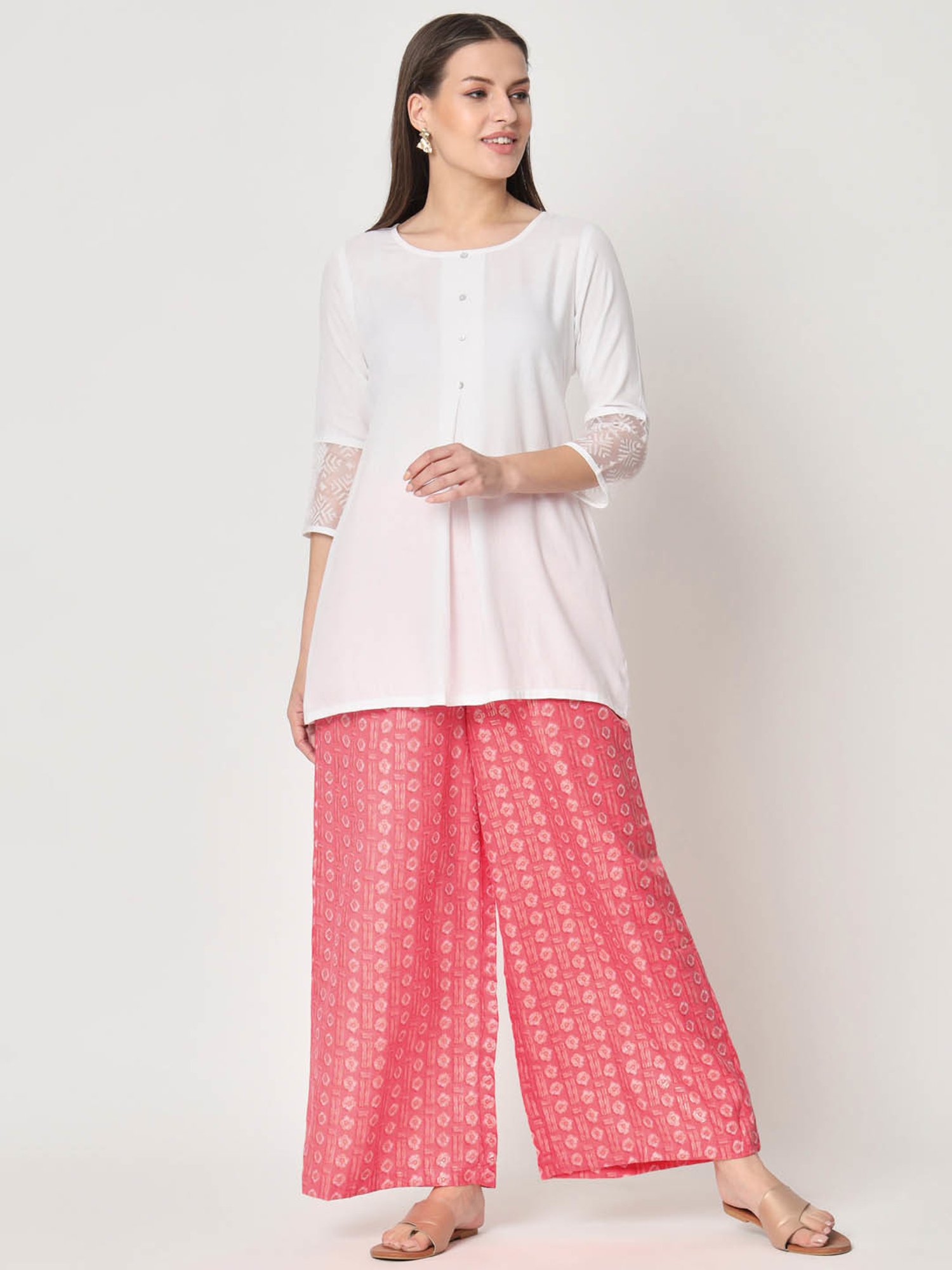 9rasa Pink Cotton Gold Foil Print Palazzos