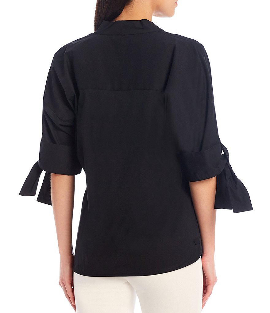 Preston & York Caroline Bow Woven V-Neck 3/4 Sleeve Blouse