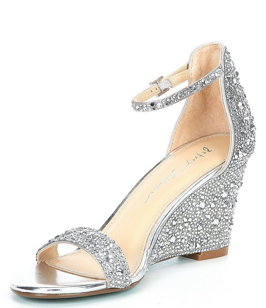 Blue by Betsey Johnson Debie Rhinestone Embellished Ankle Strap Wedge Dress Sandals