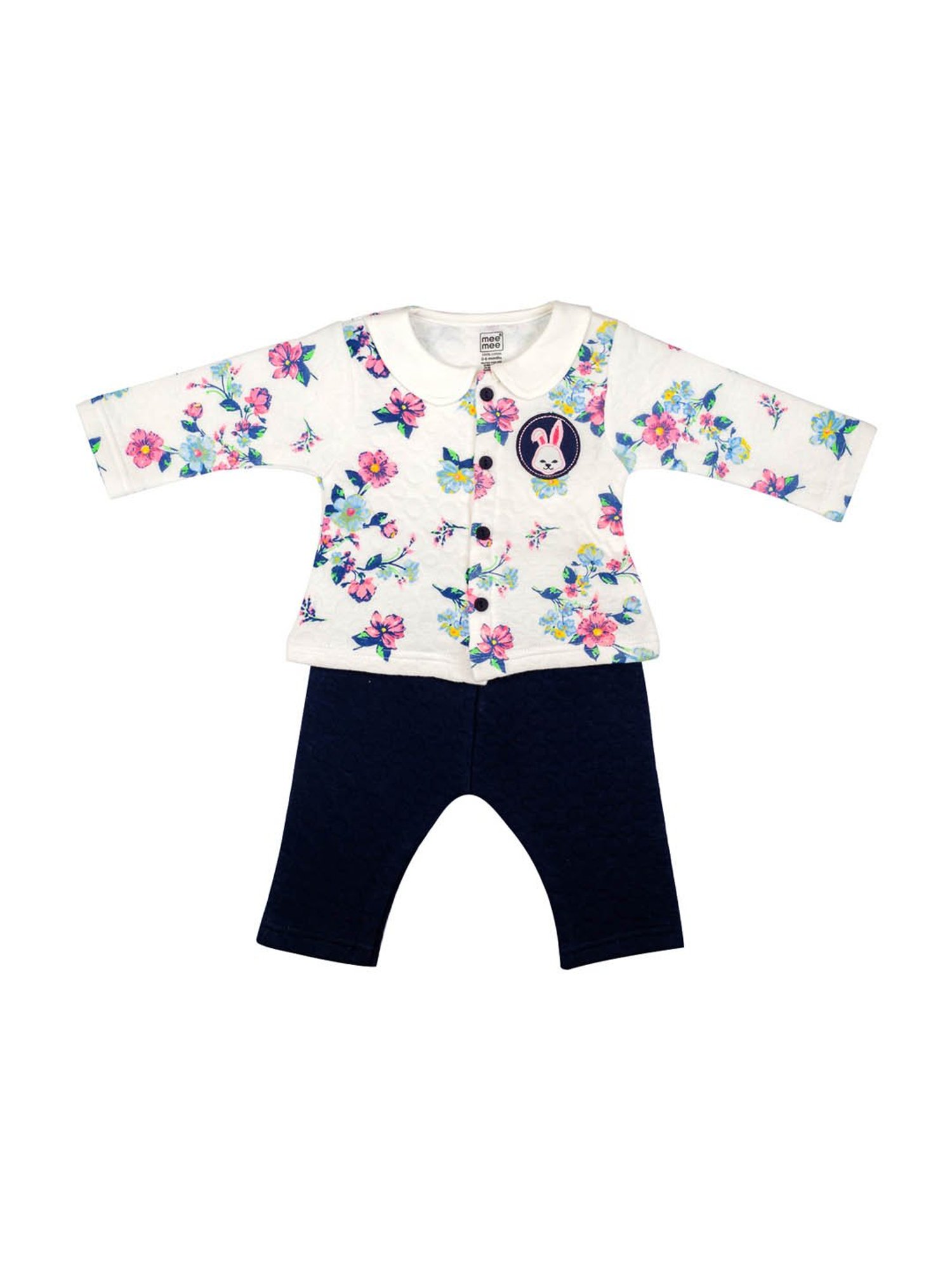 Mee Mee Kids White & Navy Floral Print Top with Pants