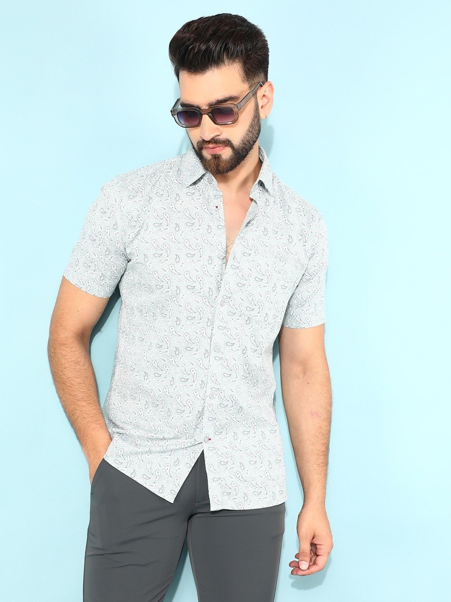 Crimsoune Club Grey Cotton Slim Fit Printed Shirt