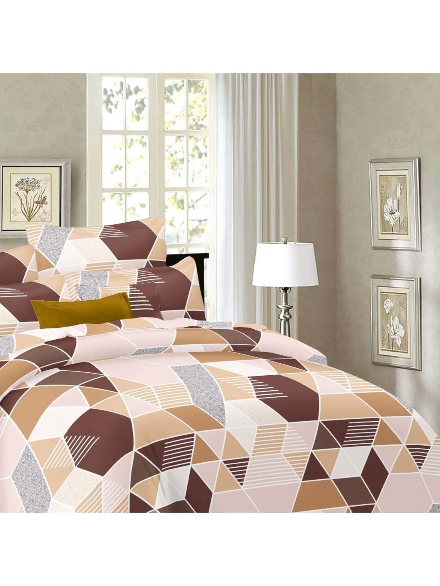 Ariana Brown & Beige Cotton 120 TC King Bedsheet With 2 Pillow Cover