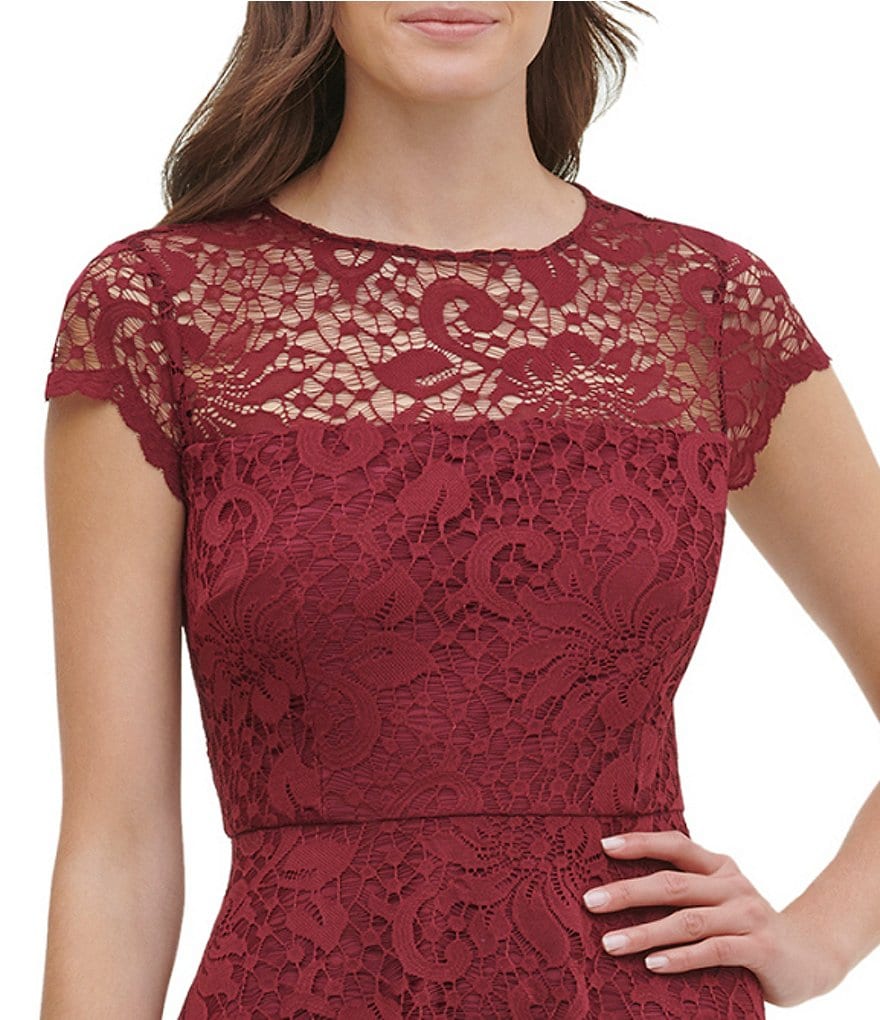 Kensie Illusion Neck Cap Sleeve Lace Fit & Flare Scallop Hem Fit & Flair Dress