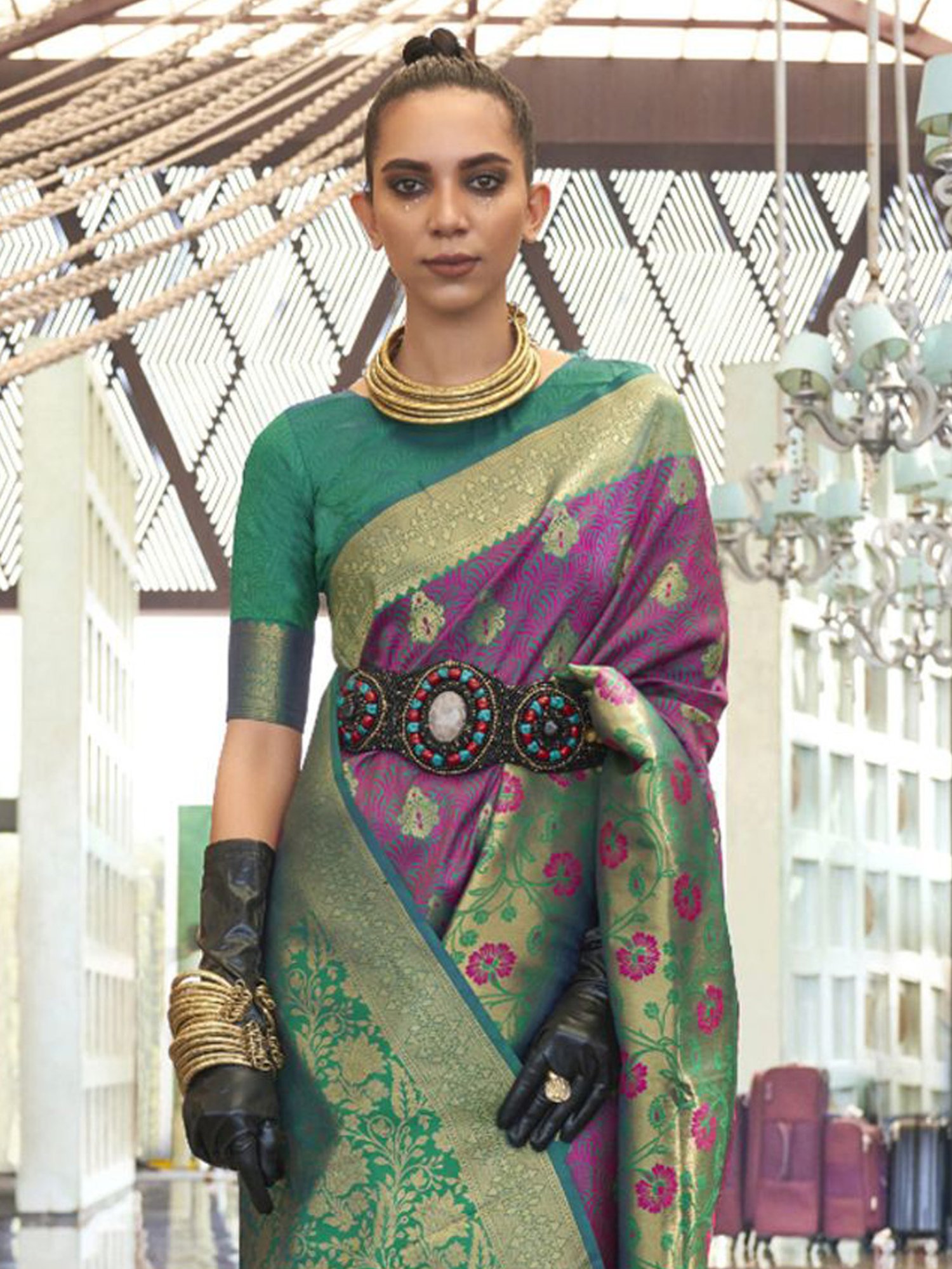 Elora Purple Silk Printed Saree With Unstitched Blouse