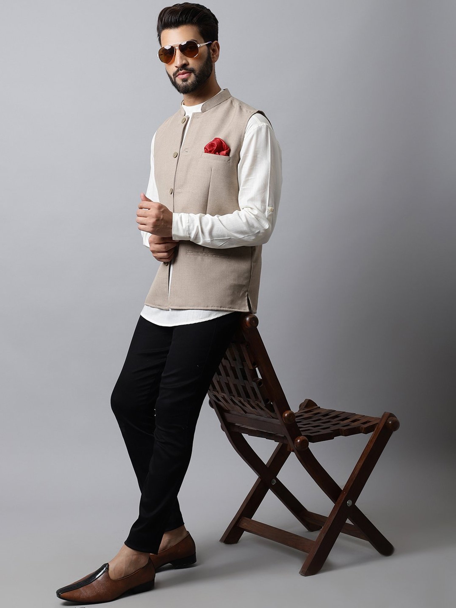 Even Light Brown Regular Fit Mandarin Collar Nehru Jacket