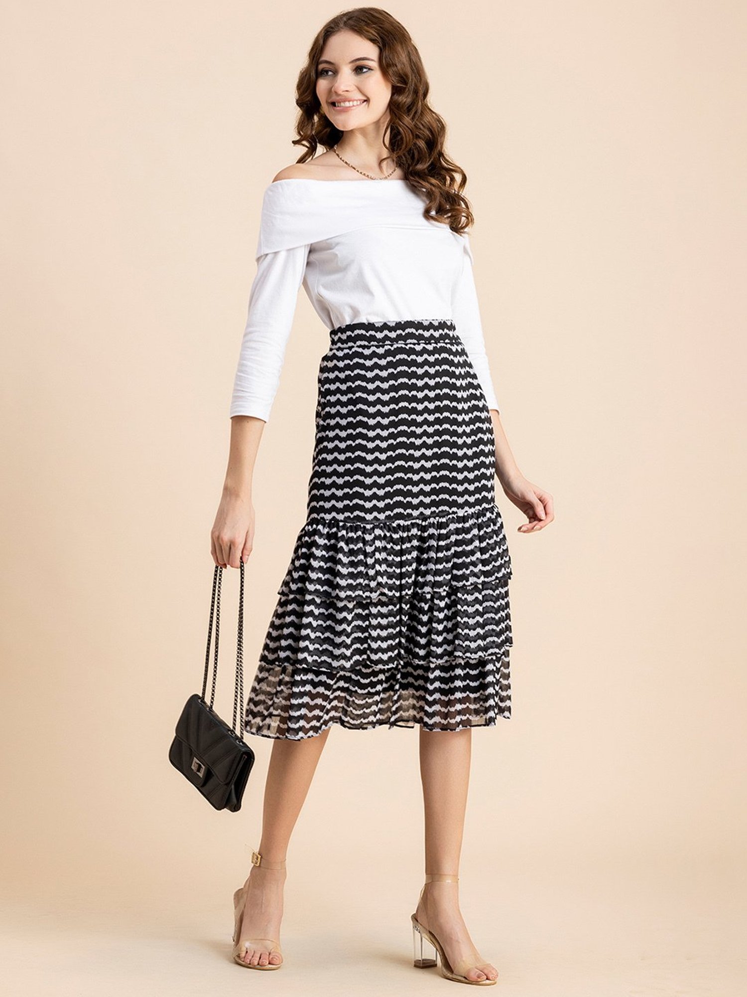 Moomaya Black & White Printed Skirt