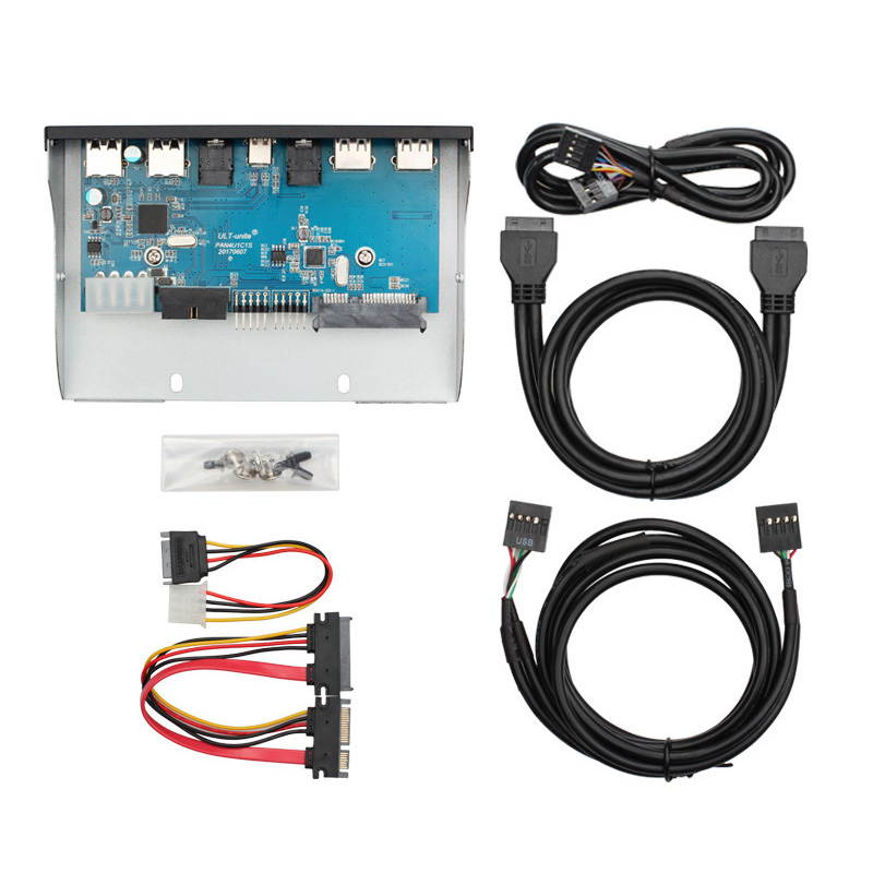 5.25 Inch Front Panel 5 Ports USB Hub w/ HD Audio Output Port & Microphone Input,USB 3.1 Gen 1(5Gbps) Type-C+2 x USB 3.0 & 2 x USB 2.0 w/ Integrate Internal USB 3.0 to 2.5 SATA III Adapter