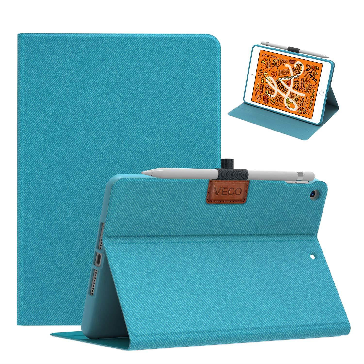 Veco Denim Series - iPad Mini 5 Case with Pencil Holder, Premium Folio Stand Case, Soft TPU Back Cover [Auto Sleep/Wake Feature] for Apple iPad Mini (5th Generation)(Blue)