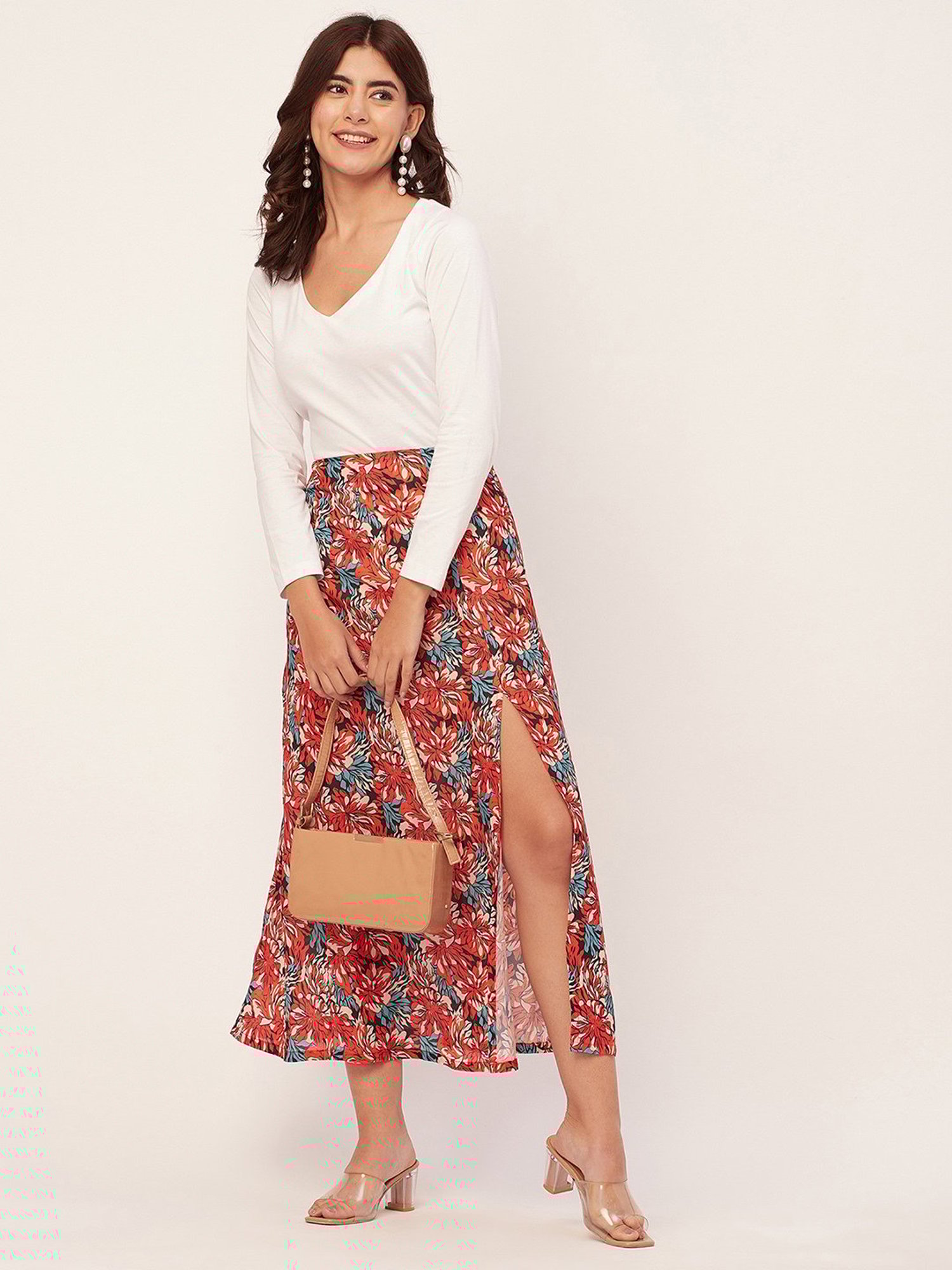 Moomaya Red Georgette Floral Print Skirt