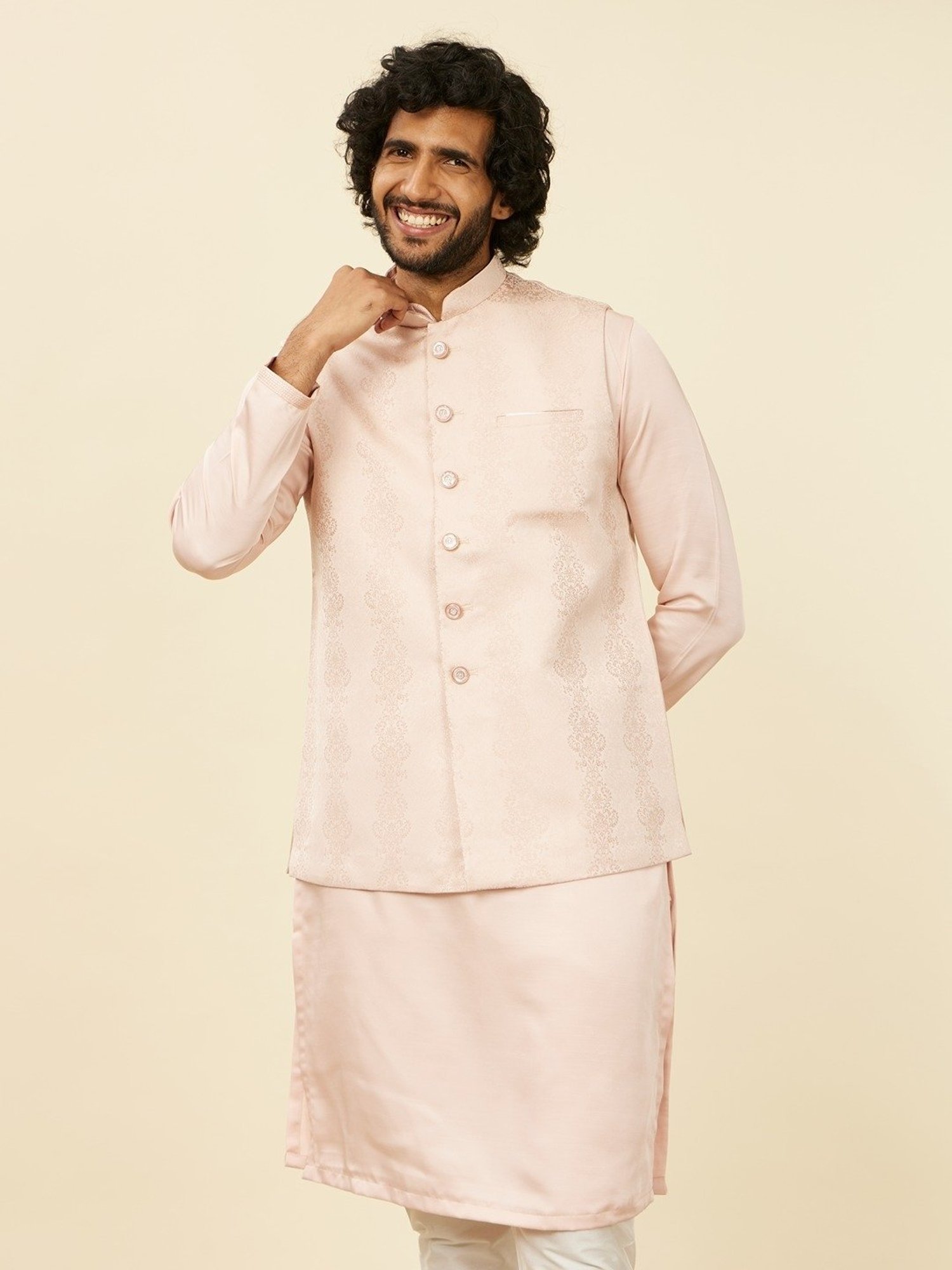 Manyavar Pink Regular Fit Jacquard Nehru Jacket