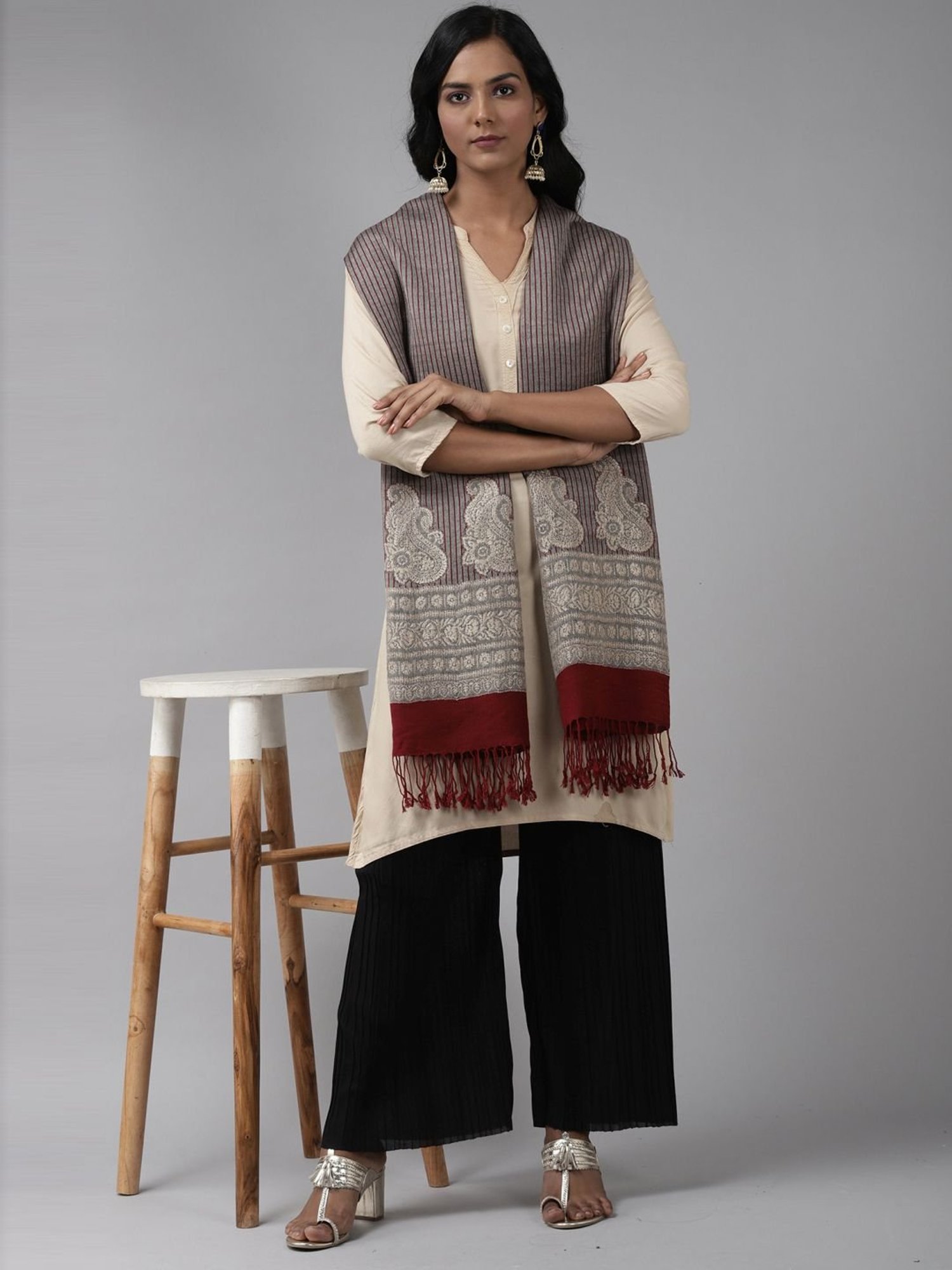 Indo Era Grey & Maroon Woven Pattern Shawl