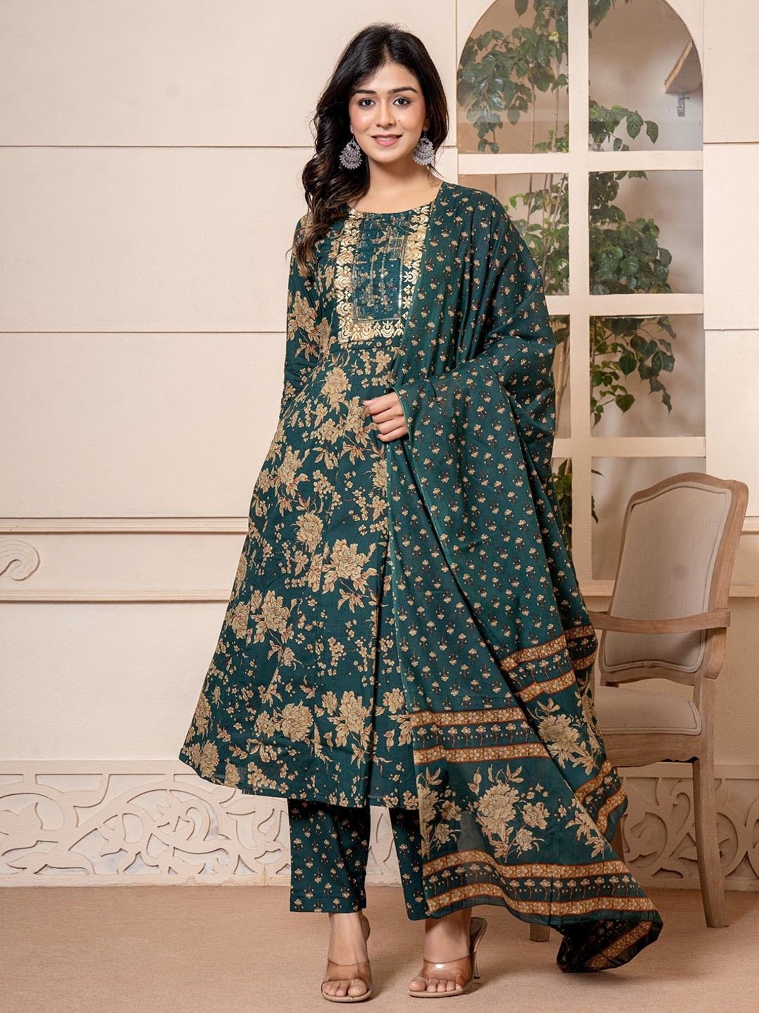 Yufta Green Cotton Embroidered Kurta & Pant Set with Dupatta