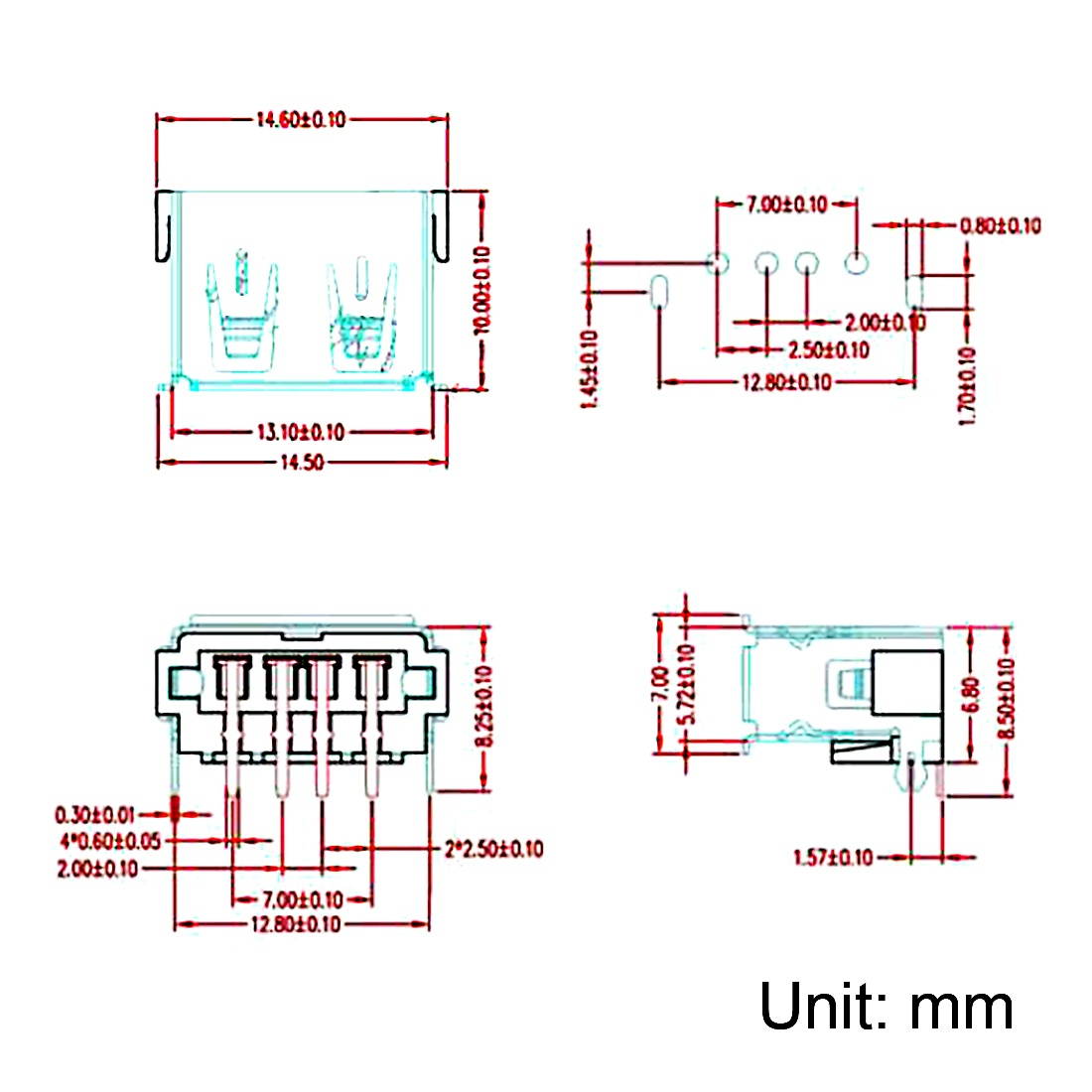 USB-AF PCB Connector Female Jack 10mm Short Body Insert Straight Pin Back 5pcs