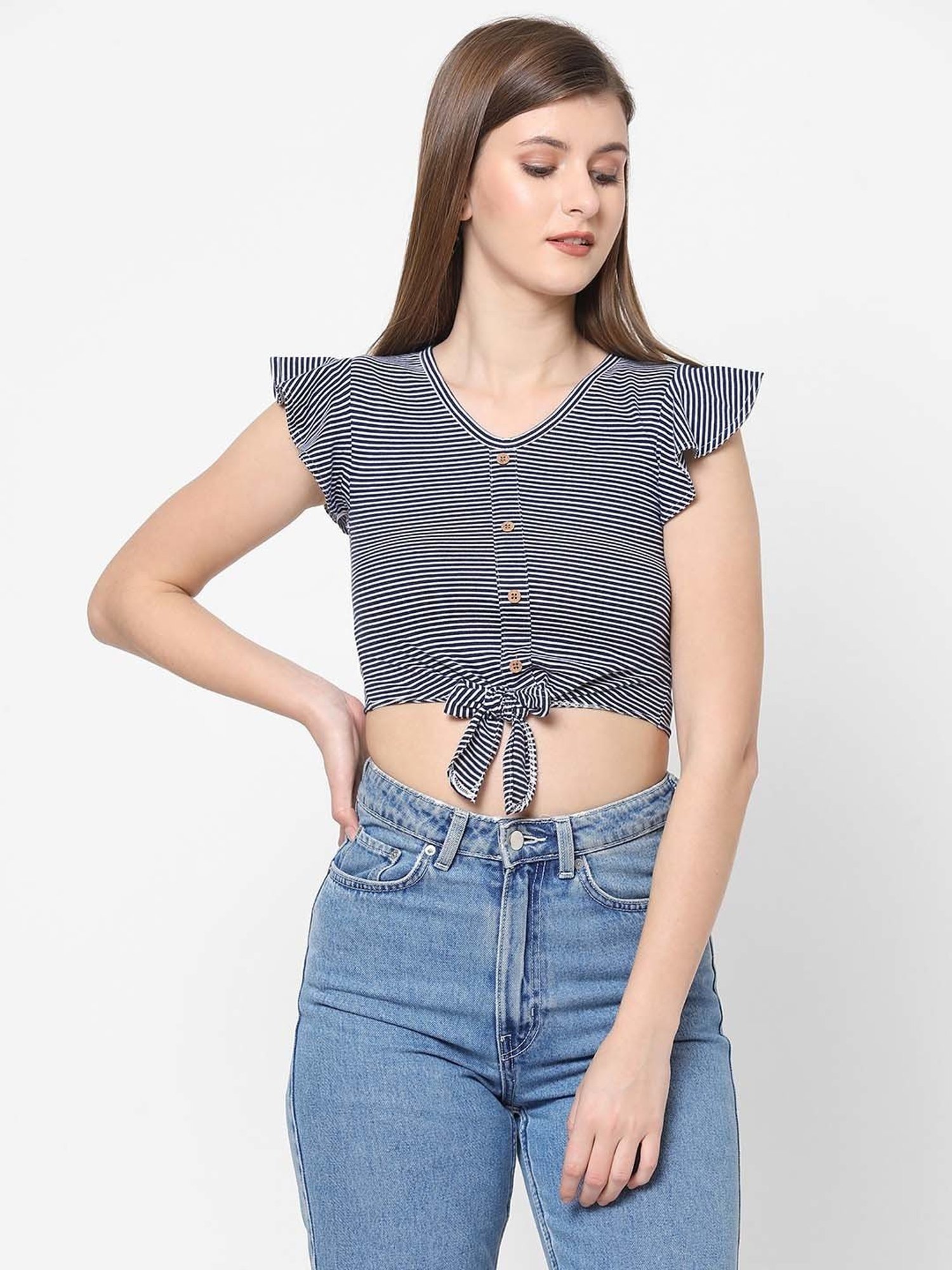 VASTRADO Navy Cotton Striped Crop Top