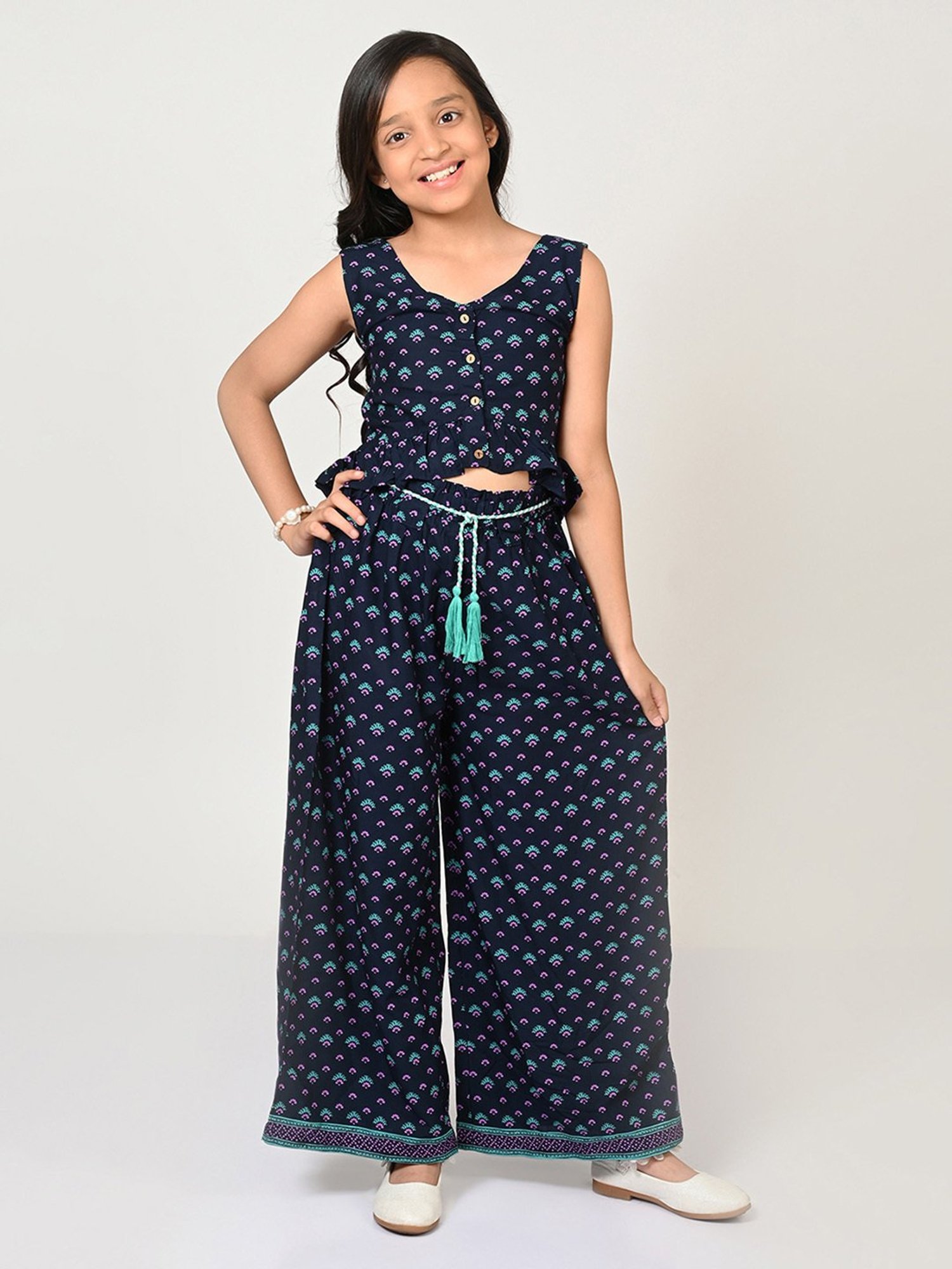 Lil Drama Kids Navy Printed Crop Top with Plazzos