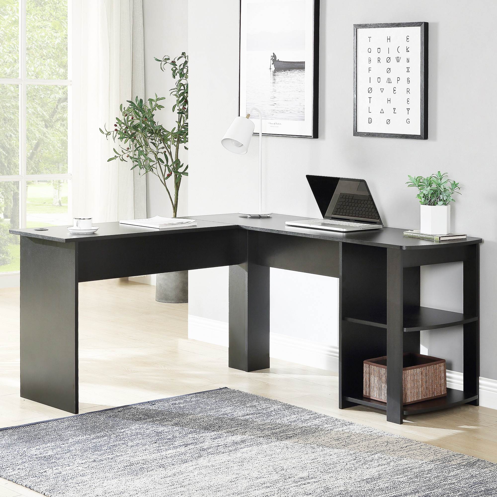 L-Shaped Corner Desk Gaming Desk Home Office Desk Computer Desk Study Workstation Furniture with 2 Open Storage Bookshelves NO Tool Assemble Required(Black)