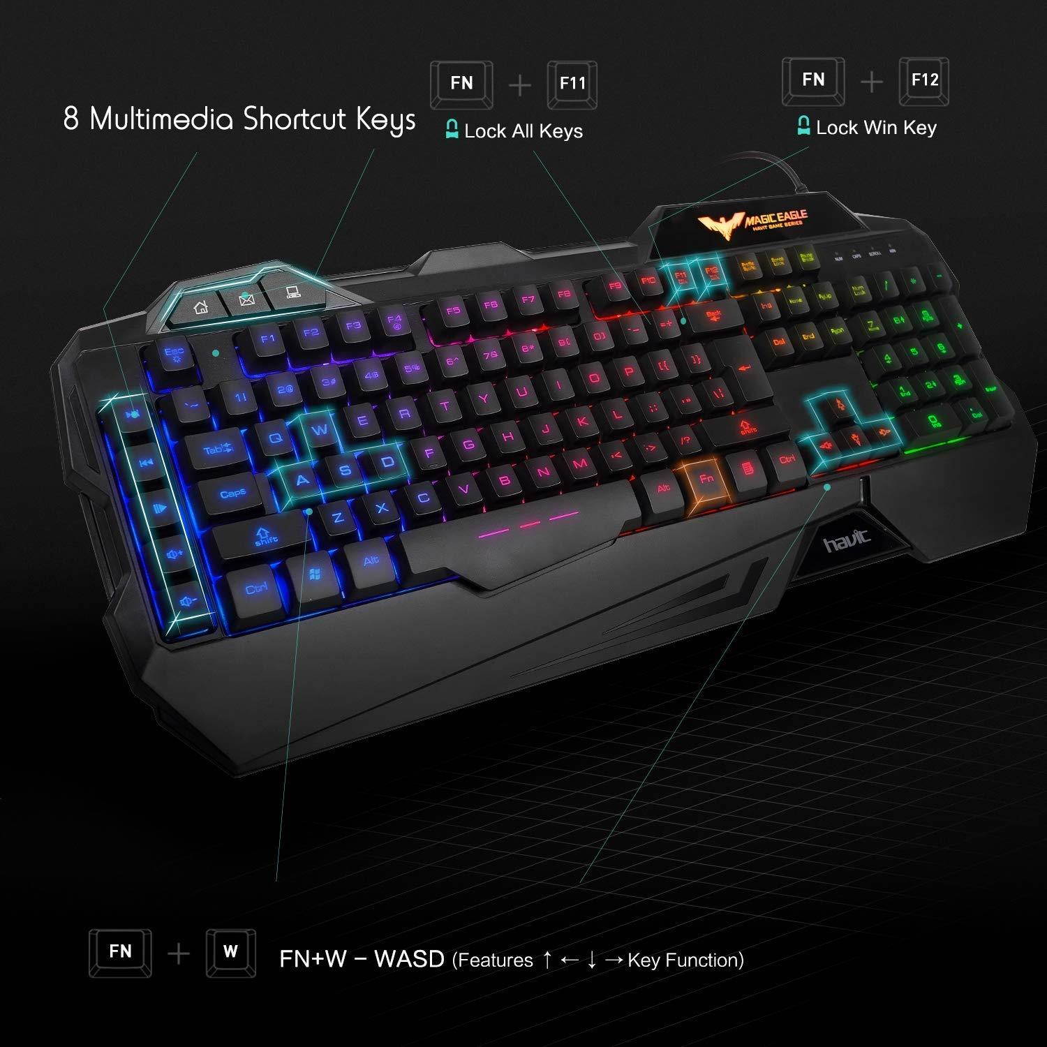 HAVIT Gaming Keyboard Mouse Headset & Mouse Pad Kit, Rainbow LED Backlit Wired, Over Ear Headphone with Mic for PC, Computer, Xbox ONE & PS4, Tablet, Mobile Phones