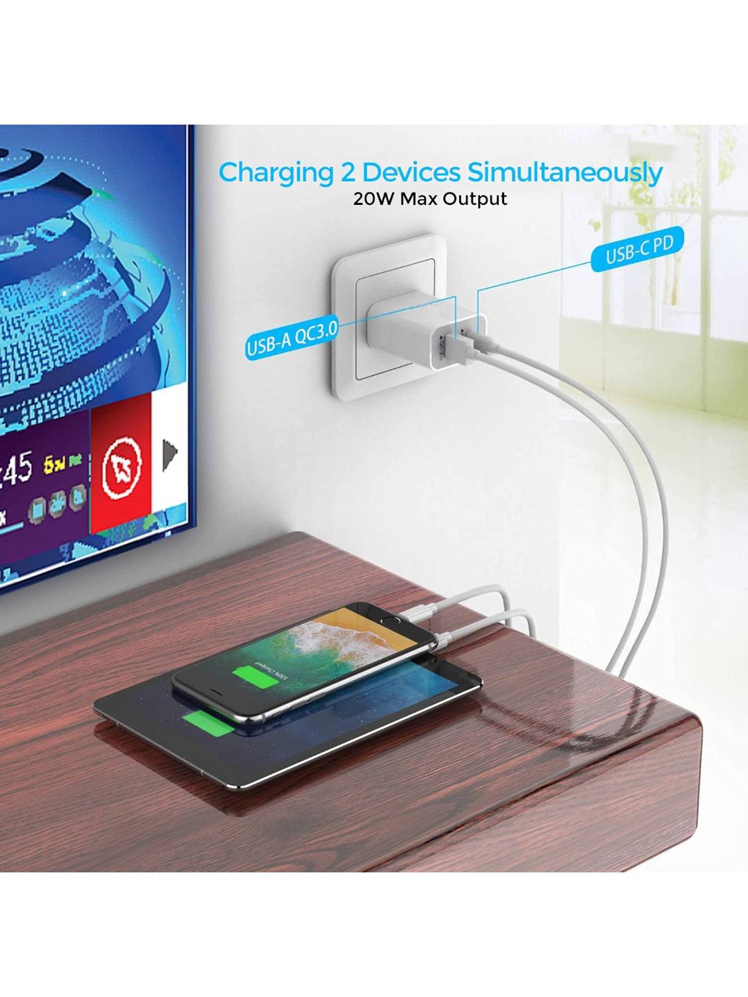 UNIGEN 20W Dual Port USB & Type C PD Fast Charger Adapter for iPhone 13,12, 11Pro (White