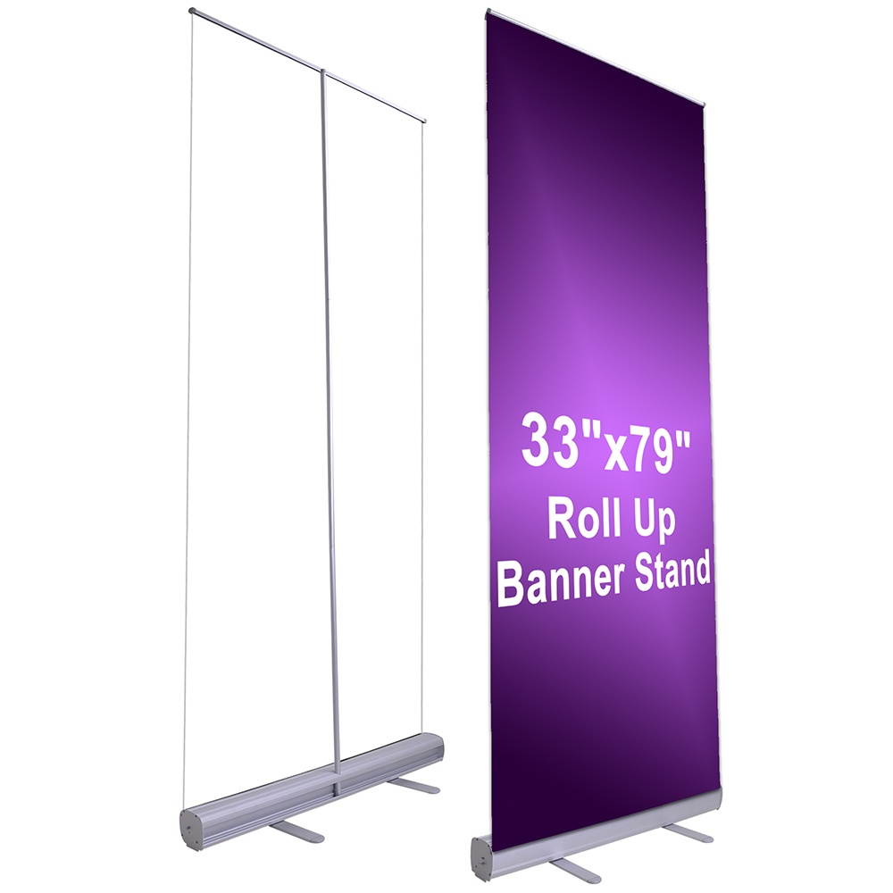 Aluminum 33x79" Retractable Roll Up Banner Stand LED Light Kit with Bag Trade Show Signage Display